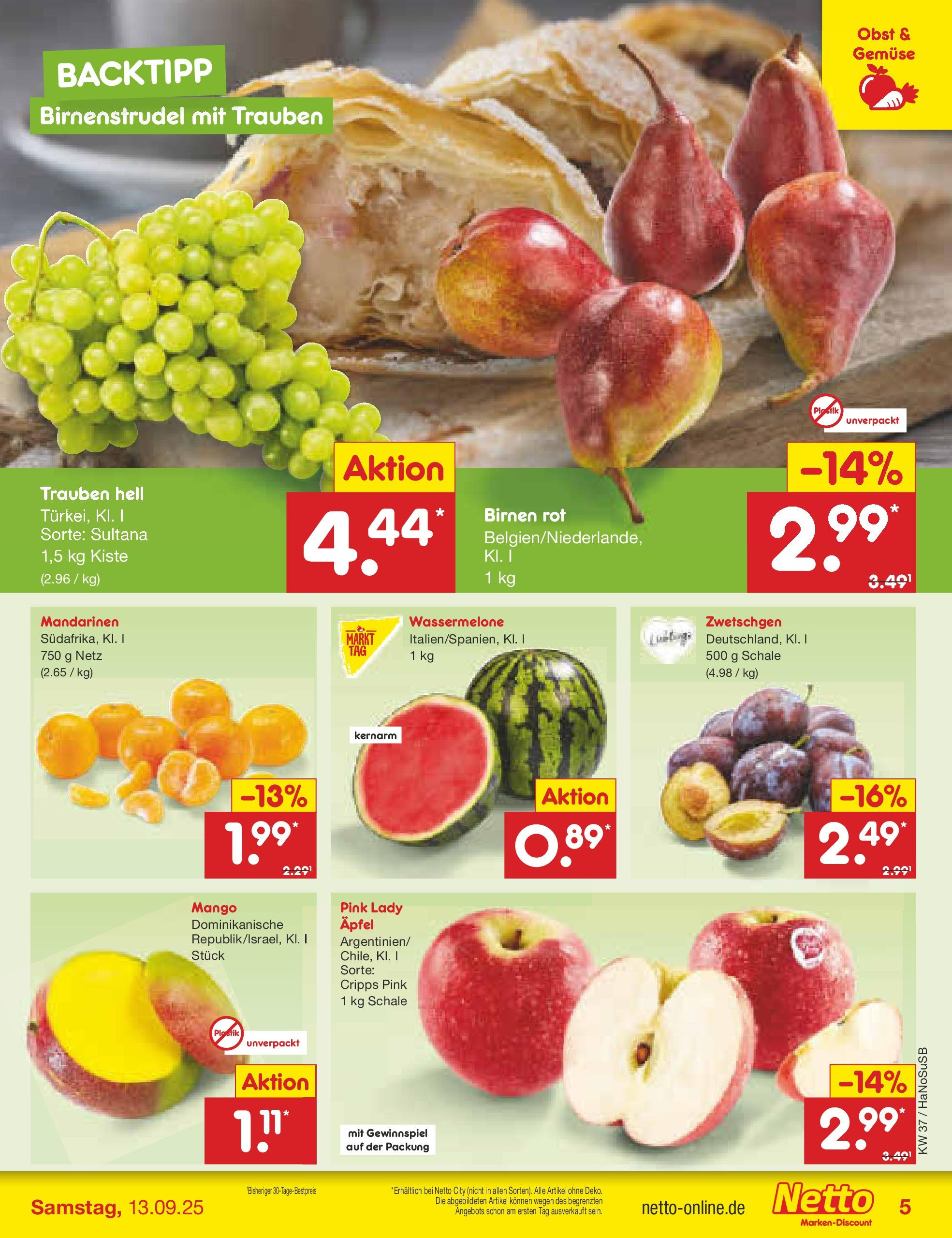 Netto Marken-Discount prospekt Wuppertal (ab 07.09.2025) » Angebote | Seite: 5 | Produkte: Trauben, Mandarinen, Zwetschgen, Wassermelone Netto Marken-Discount prospekt Wuppertal (ab 07.09.2025) » Angebote | Seite: 5 | Produkte: Trauben, Mandarinen, Zwetschgen, Wassermelone