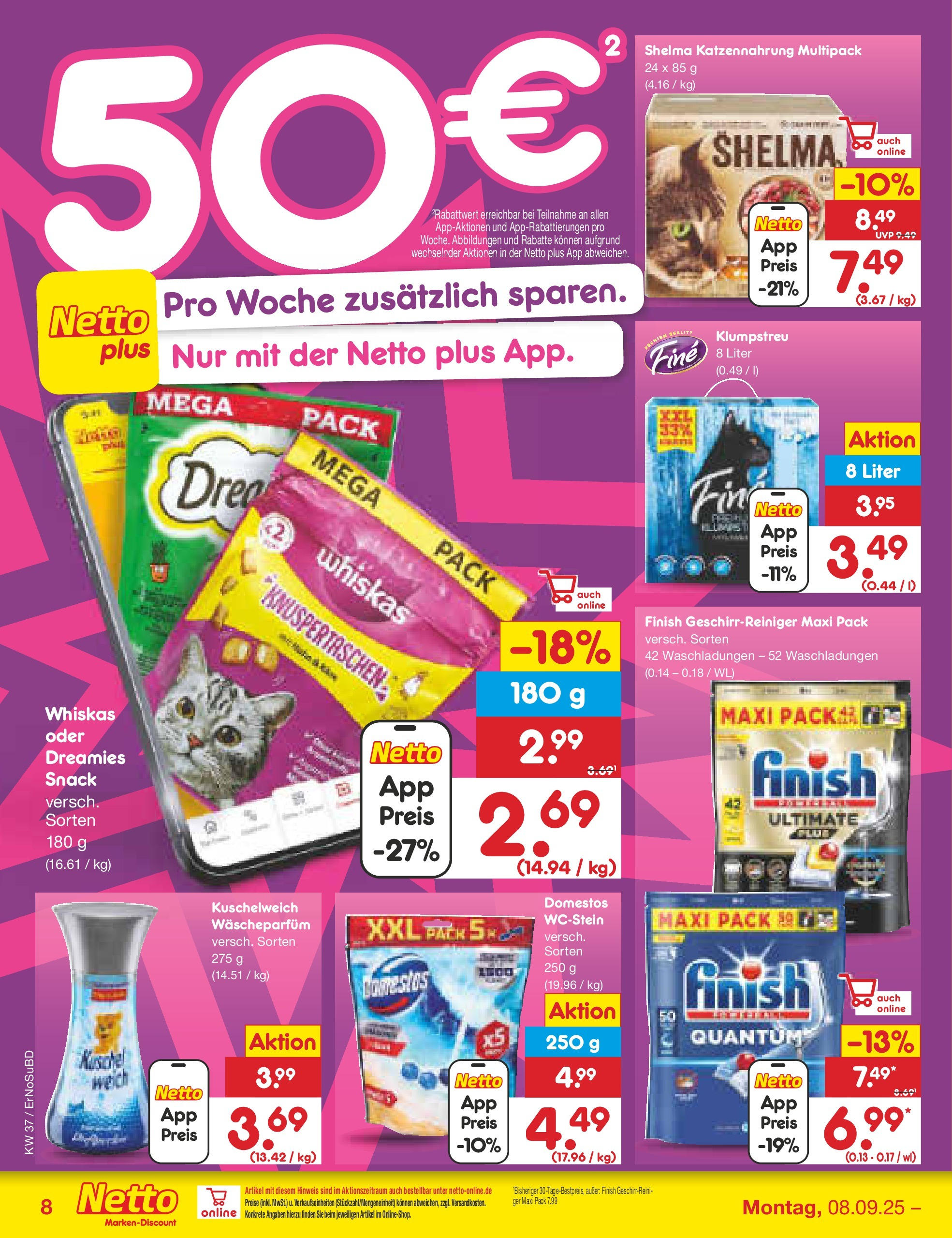 Netto Marken-Discount prospekt Weimar	 (ab 07.09.2025) » Angebote | Seite: 8 | Produkte: Kuschelweich, Finish, Whiskas