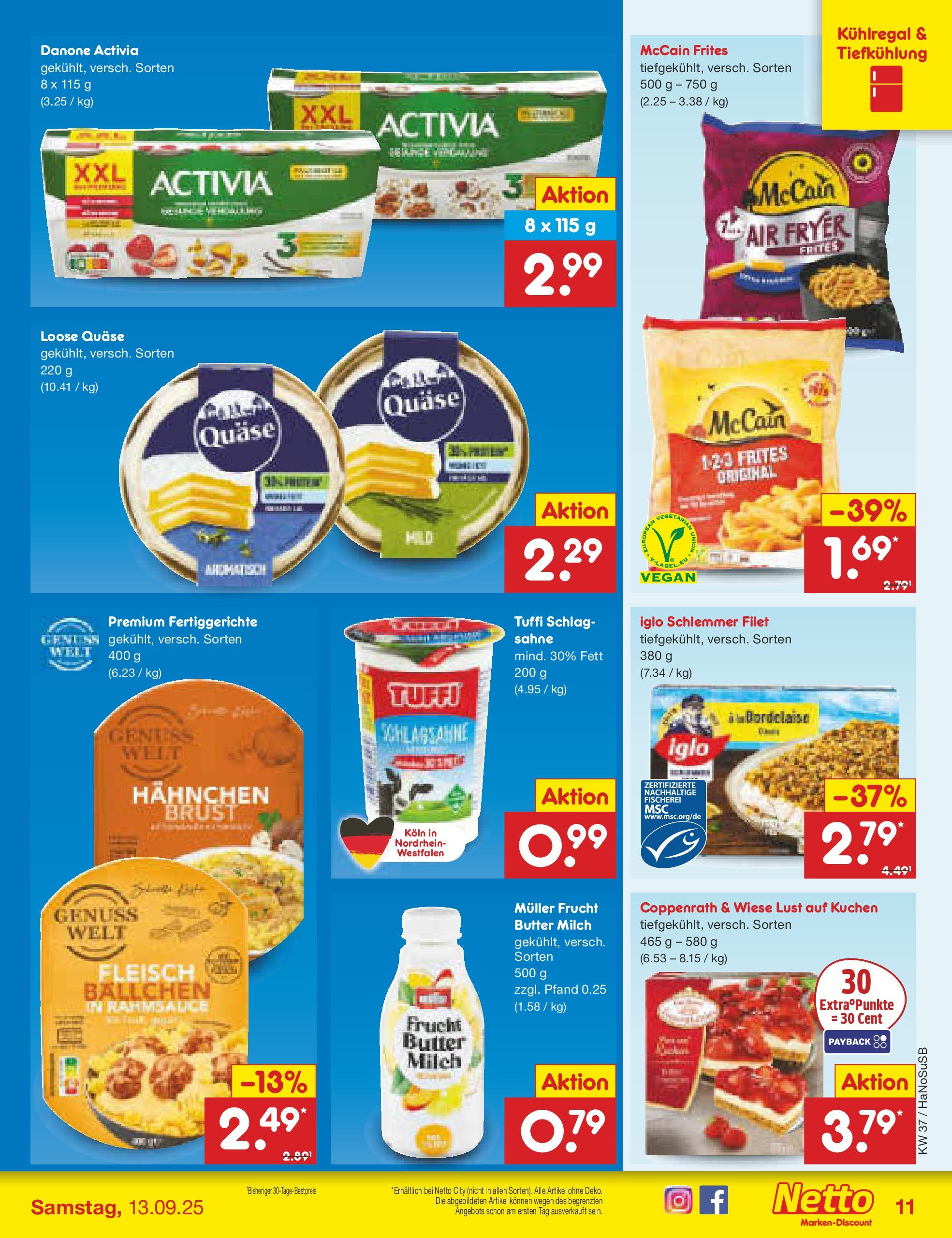 Netto Marken-Discount prospekt Wuppertal (ab 07.09.2025) » Angebote | Seite: 11 | Produkte: Schlagsahne, Butter, Iglo, Fertiggerichte Netto Marken-Discount prospekt Wuppertal (ab 07.09.2025) » Angebote | Seite: 11 | Produkte: Schlagsahne, Butter, Iglo, Fertiggerichte