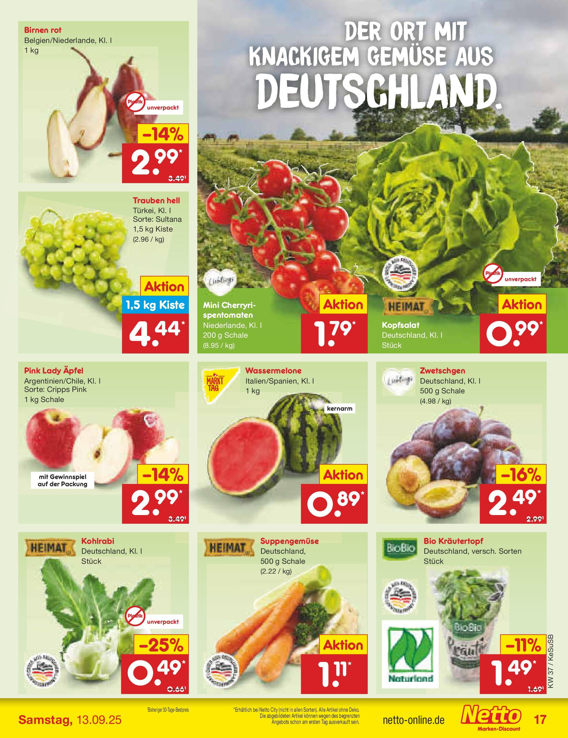 Netto Marken-Discount prospekt Kruft (ab 07.09.2025) » Angebote | Seite: 17 | Produkte: Äpfel, Zwetschgen, Gemüse, Wassermelone Netto Marken-Discount prospekt Kruft (ab 07.09.2025) » Angebote | Seite: 17 | Produkte: Äpfel, Zwetschgen, Gemüse, Wassermelone