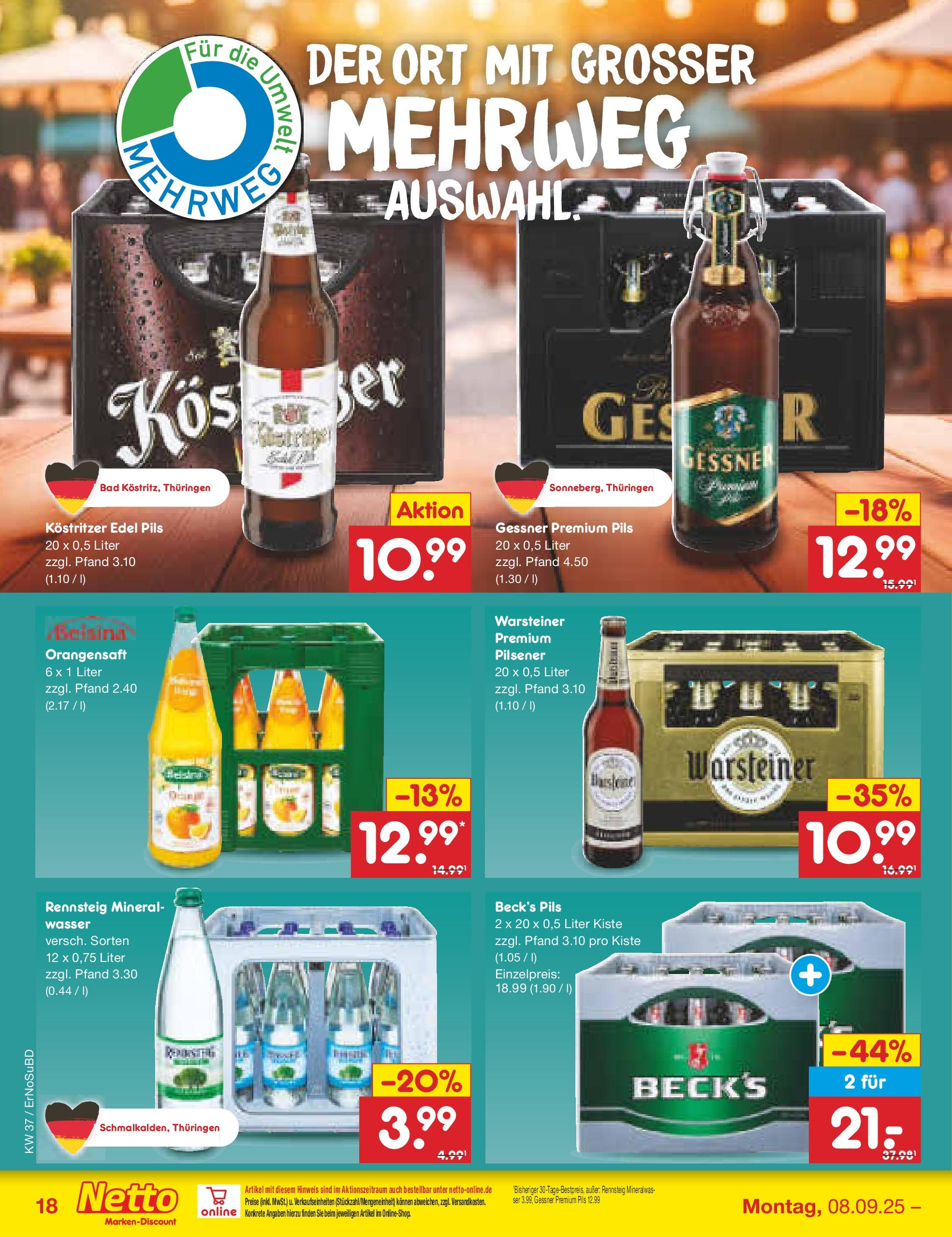Netto Marken-Discount prospekt Weimar	 (ab 07.09.2025) » Angebote | Seite: 26 | Produkte: Pils, Orangensaft, Wasser, Warsteiner