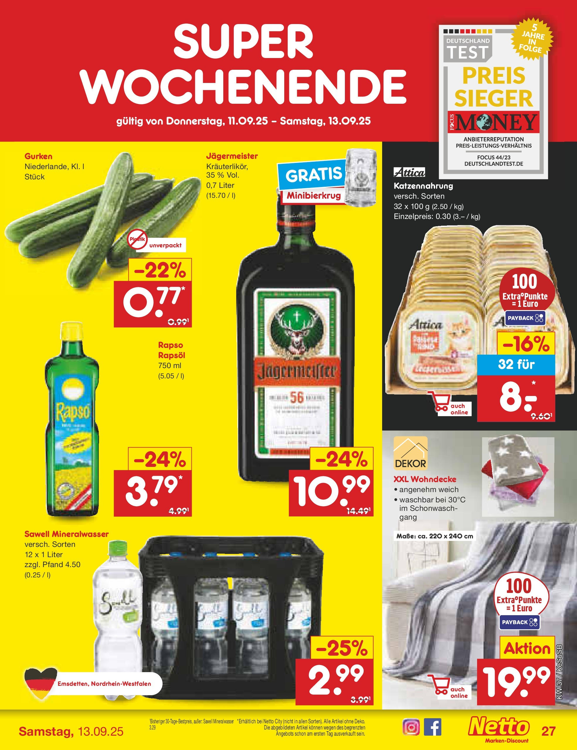 Netto Marken-Discount prospekt Kruft (ab 07.09.2025) » Angebote | Seite: 37 | Produkte: Rapsöl, Mineralwasser, Jägermeister, Gurken Netto Marken-Discount prospekt Kruft (ab 07.09.2025) » Angebote | Seite: 37 | Produkte: Rapsöl, Mineralwasser, Jägermeister, Gurken