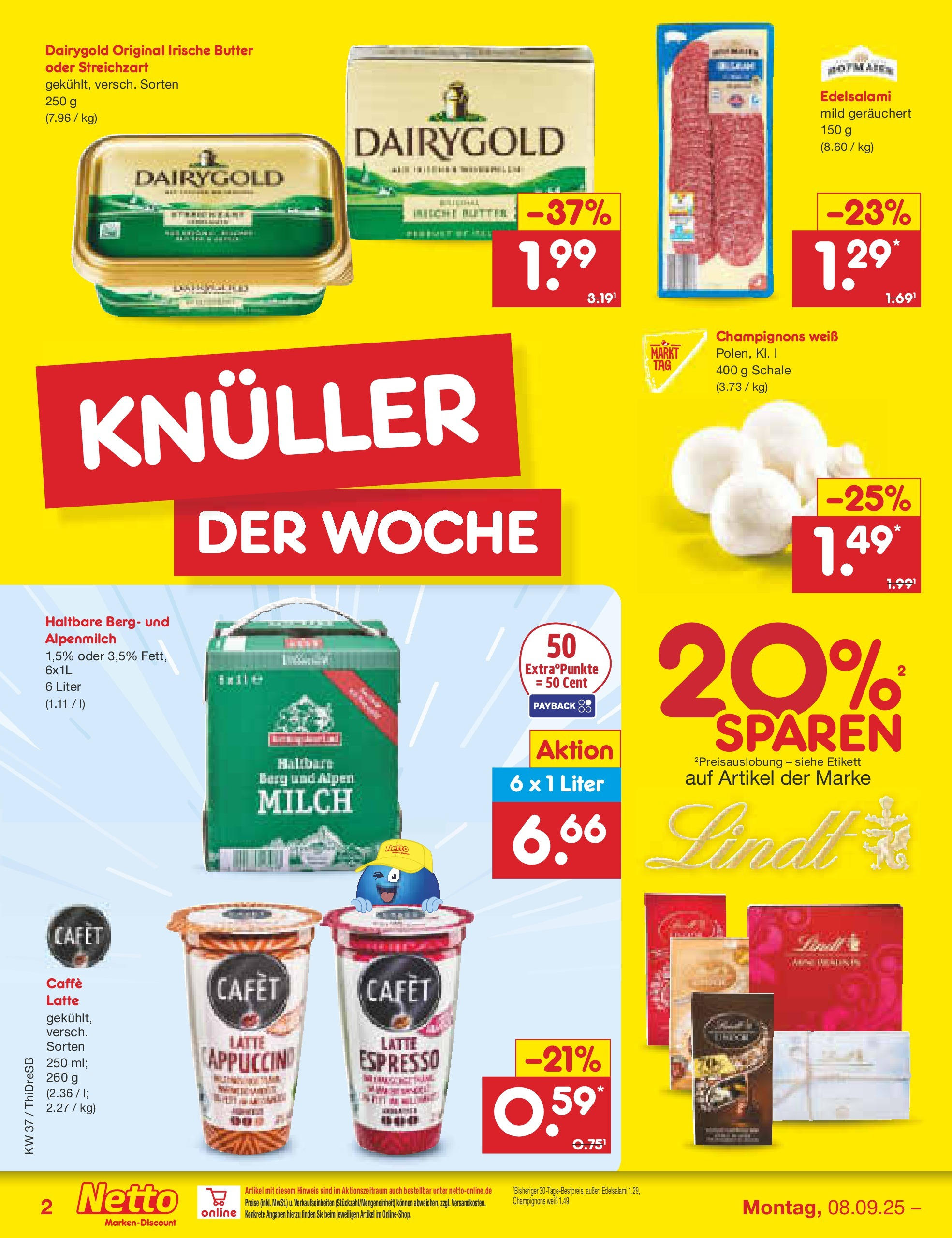 Netto Marken-Discount prospekt Dresden	 (ab 07.09.2025) » Angebote | Seite: 2 | Produkte: Milch, Butter, Champignons, Lindt