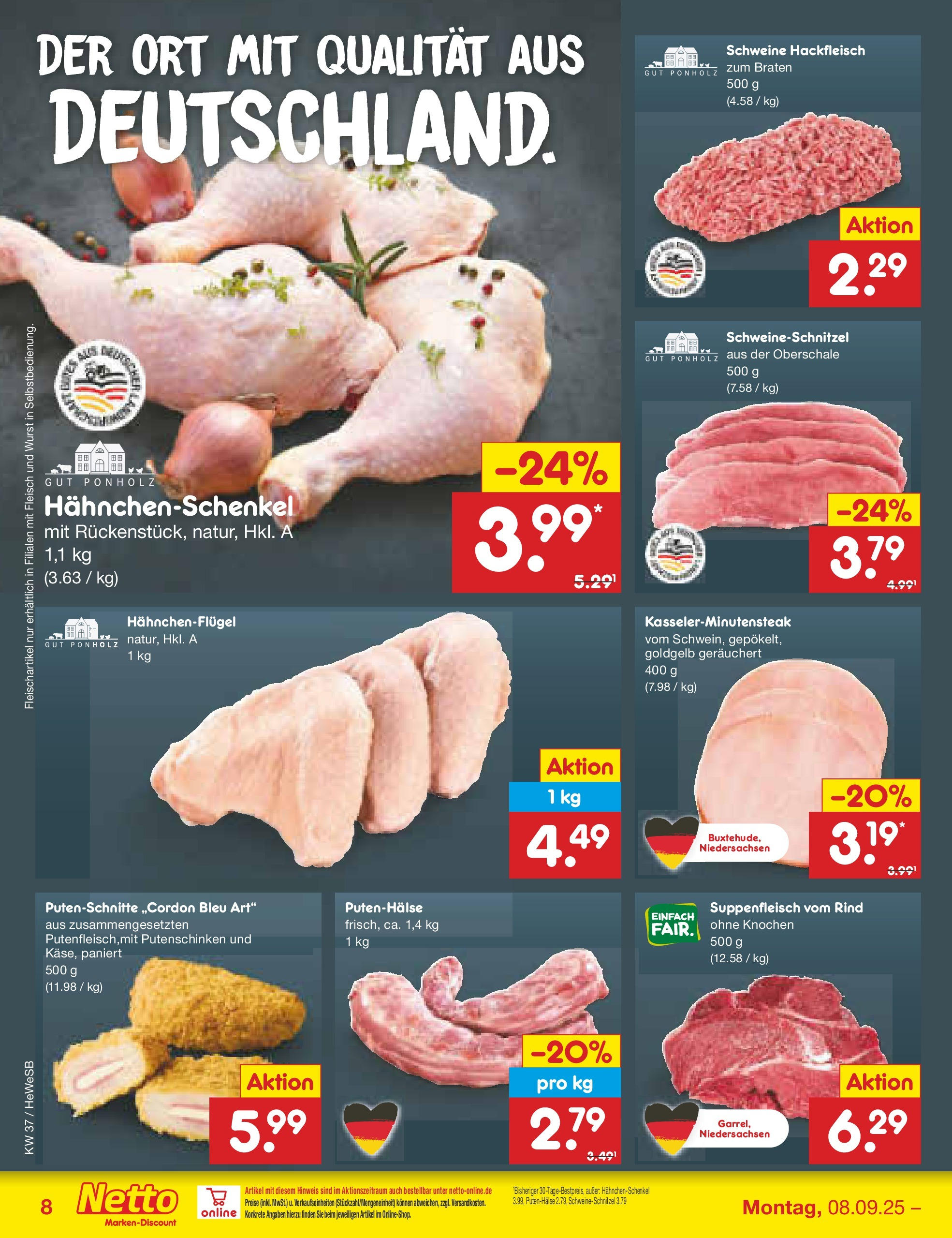 Netto Marken-Discount prospekt Brietlingen (ab 07.09.2025) » Angebote | Seite: 8 | Produkte: Hahnchenschenkel, Wurst, Fleisch, Hackfleisch Netto Marken-Discount prospekt Brietlingen (ab 07.09.2025) » Angebote | Seite: 8 | Produkte: Hahnchenschenkel, Wurst, Fleisch, Hackfleisch