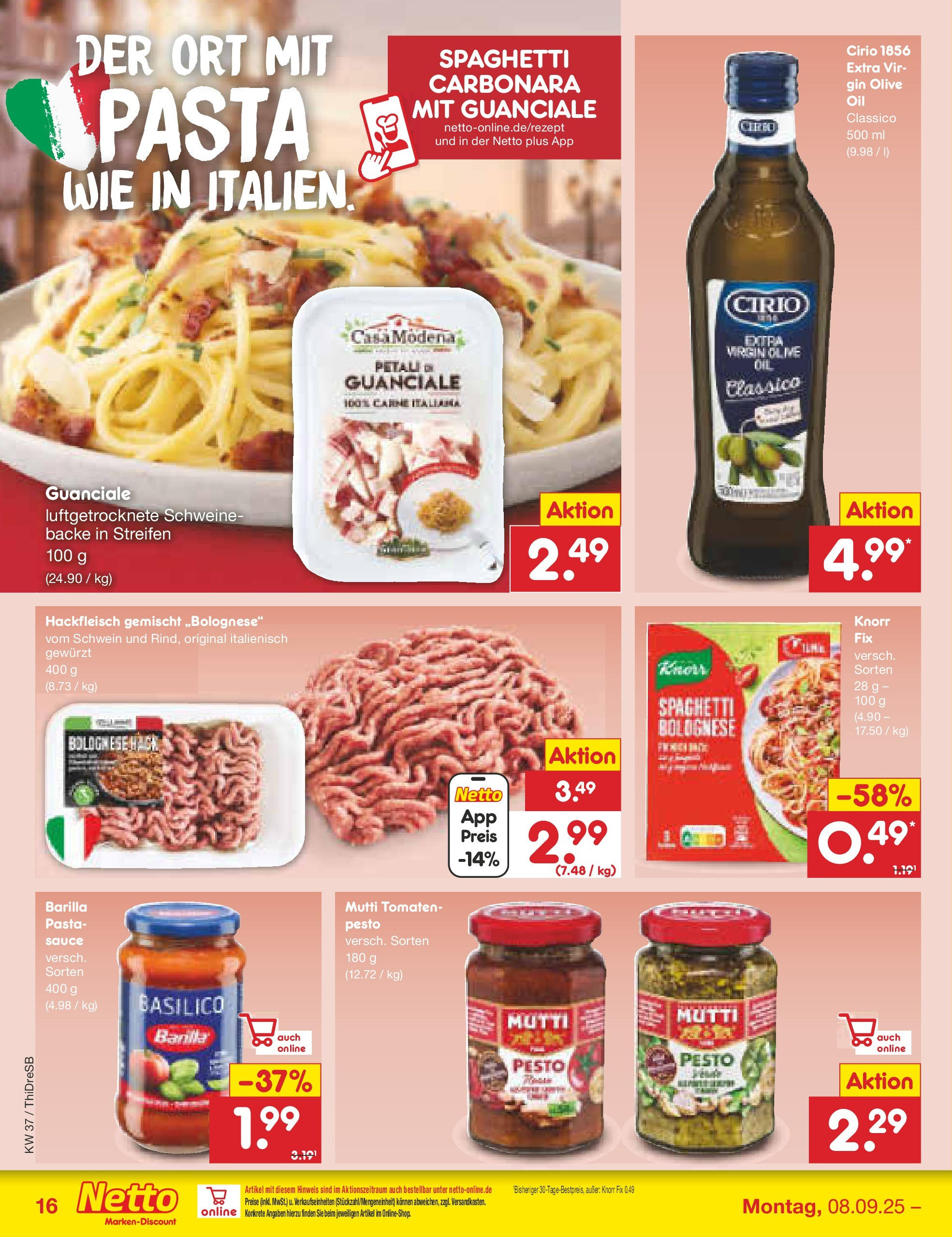Netto Marken-Discount prospekt Dresden	 (ab 07.09.2025) » Angebote | Seite: 16 | Produkte: Knorr fix, Barilla, Pasta, Gin