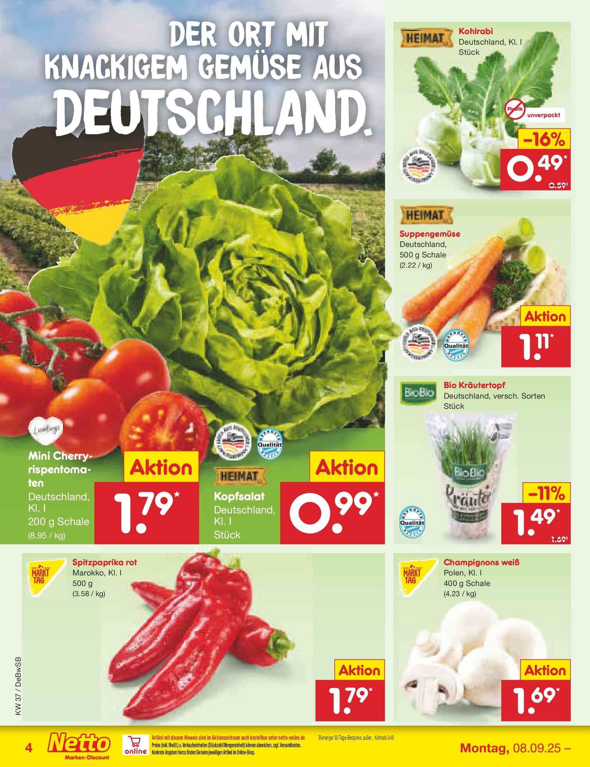Netto Marken-Discount prospekt Waiblingen-Bittenfeld (ab 08.09.2025) » Angebote | Seite: 4 | Produkte: Kohlrabi, Champignons, Gemüse Netto Marken-Discount prospekt Waiblingen-Bittenfeld (ab 08.09.2025) » Angebote | Seite: 4 | Produkte: Kohlrabi, Champignons, Gemüse