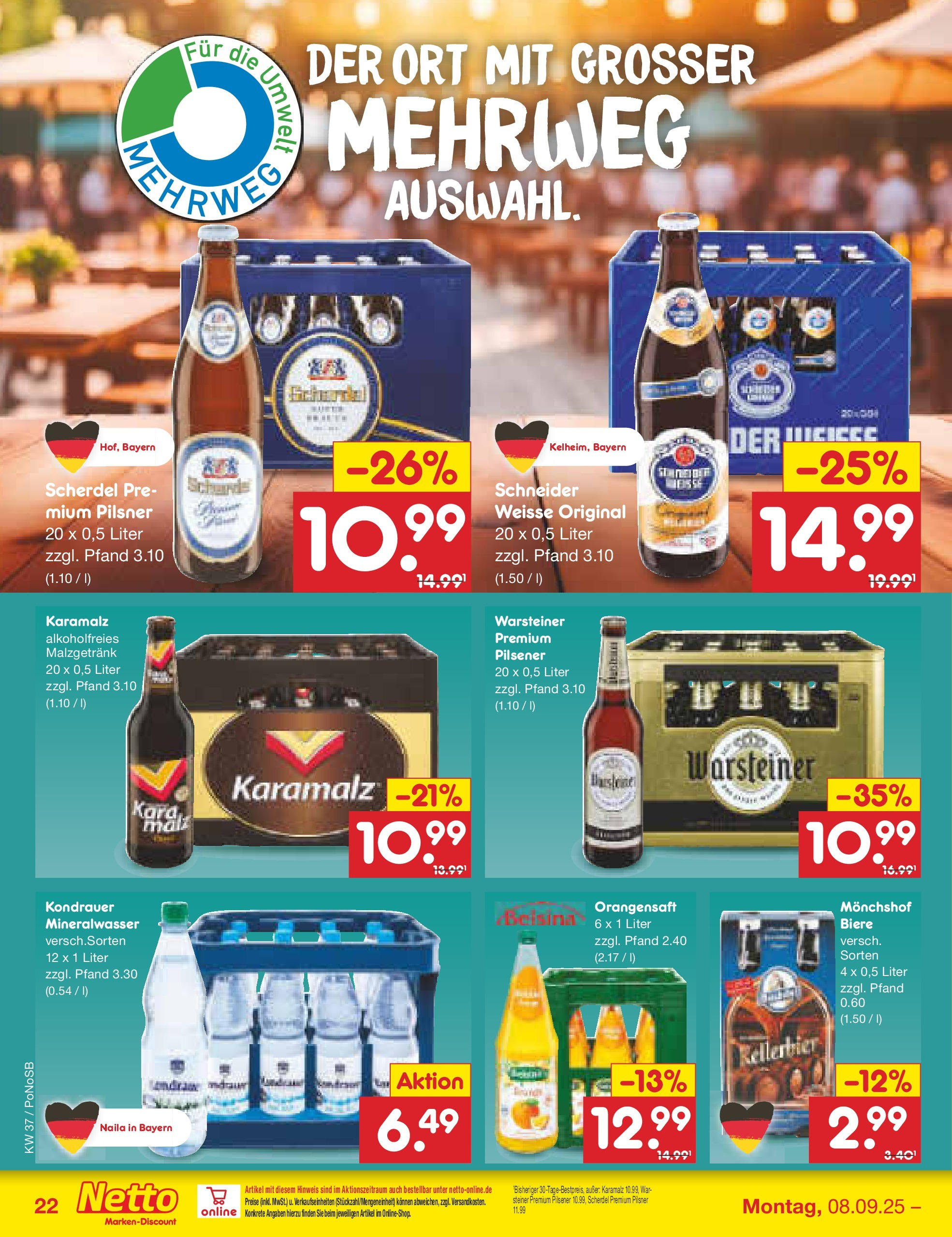 Netto Marken-Discount prospekt Amberg (ab 07.09.2025) » Angebote | Seite: 30 | Produkte: Monchshof, Orangensaft, Mineralwasser, Warsteiner Netto Marken-Discount prospekt Amberg (ab 07.09.2025) » Angebote | Seite: 30 | Produkte: Monchshof, Orangensaft, Mineralwasser, Warsteiner