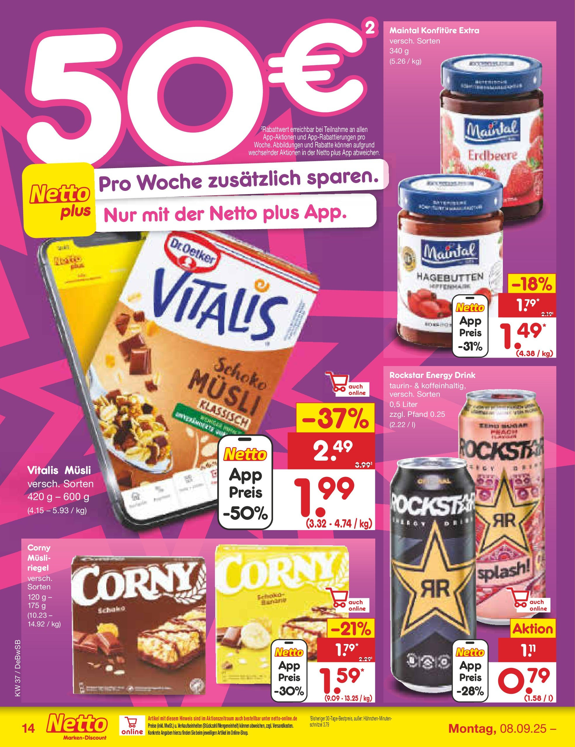 Netto Marken-Discount prospekt Waiblingen-Bittenfeld (ab 08.09.2025) » Angebote | Seite: 14 | Produkte: Corny riegel, Energy, Rockstar, Schnitzel Netto Marken-Discount prospekt Waiblingen-Bittenfeld (ab 08.09.2025) » Angebote | Seite: 14 | Produkte: Corny riegel, Energy, Rockstar, Schnitzel