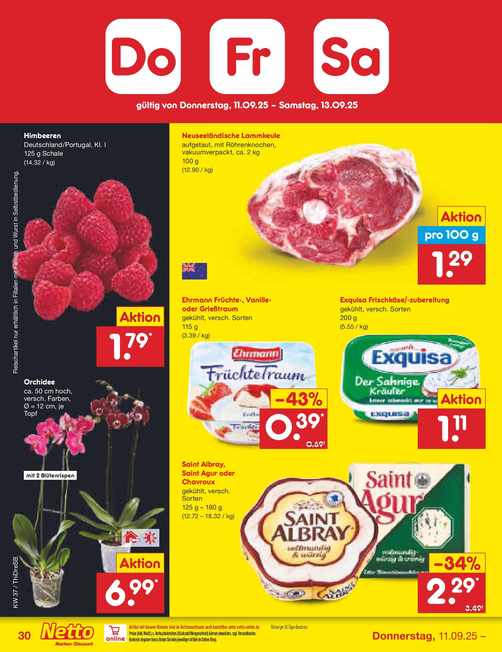Netto Marken-Discount prospekt Dresden	 (ab 07.09.2025) » Angebote | Seite: 44 | Produkte: Himbeeren, Lammkeule, Exquisa, Wurst
