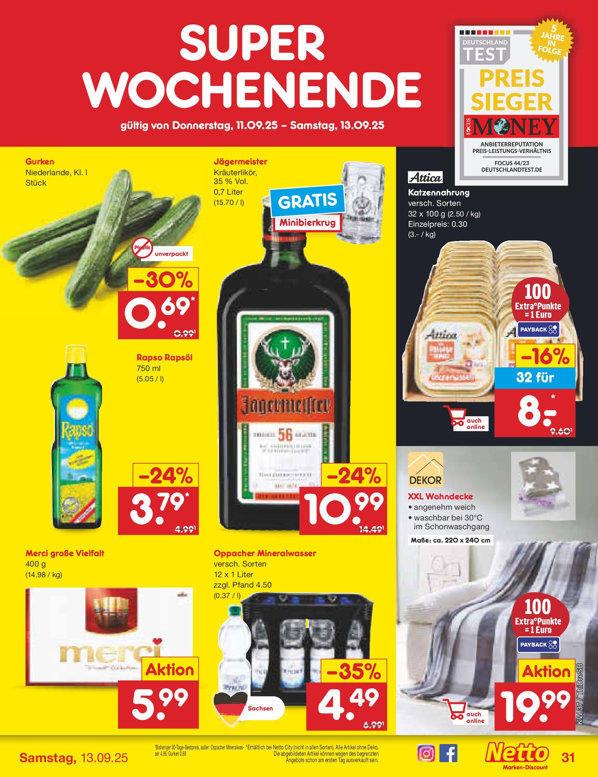 Netto Marken-Discount prospekt Dresden	 (ab 07.09.2025) » Angebote | Seite: 45 | Produkte: Merci, Rapsöl, Jägermeister, Rapso rapsol