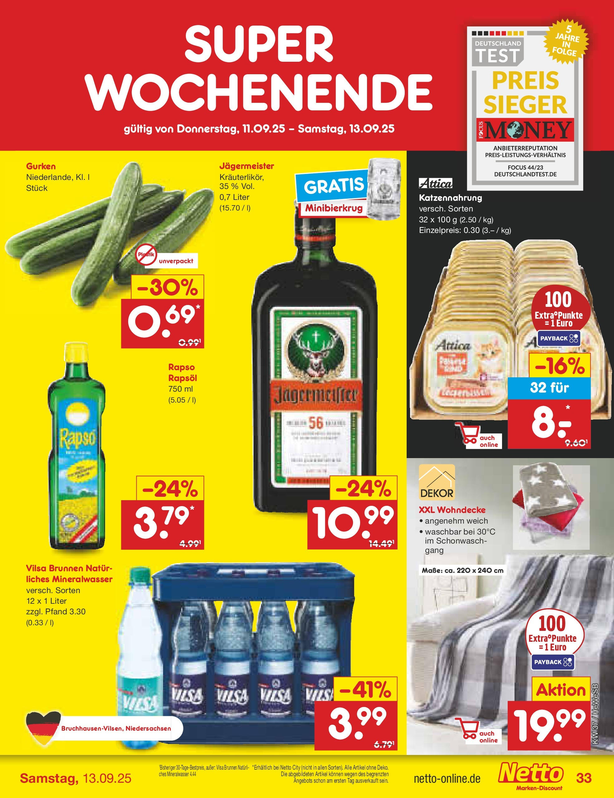 Netto Marken-Discount prospekt Brietlingen (ab 07.09.2025) » Angebote | Seite: 49 | Produkte: Rapsöl, Mineralwasser, Jägermeister, Gurken Netto Marken-Discount prospekt Brietlingen (ab 07.09.2025) » Angebote | Seite: 49 | Produkte: Rapsöl, Mineralwasser, Jägermeister, Gurken