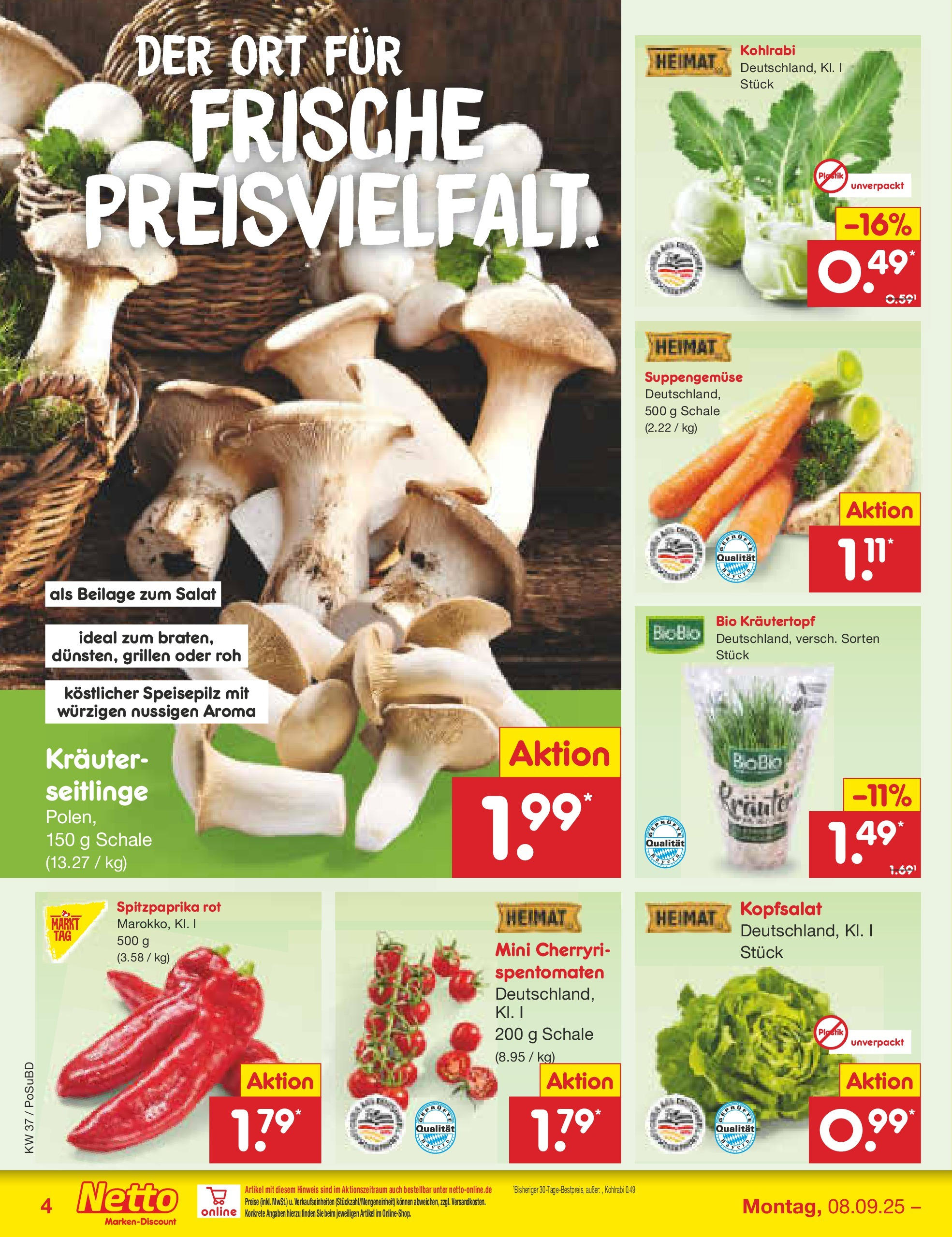 Netto Marken-Discount prospekt Regensburg (ab 08.09.2025) » Angebote | Seite: 4 | Produkte: Kohlrabi, Salat Netto Marken-Discount prospekt Regensburg (ab 08.09.2025) » Angebote | Seite: 4 | Produkte: Kohlrabi, Salat