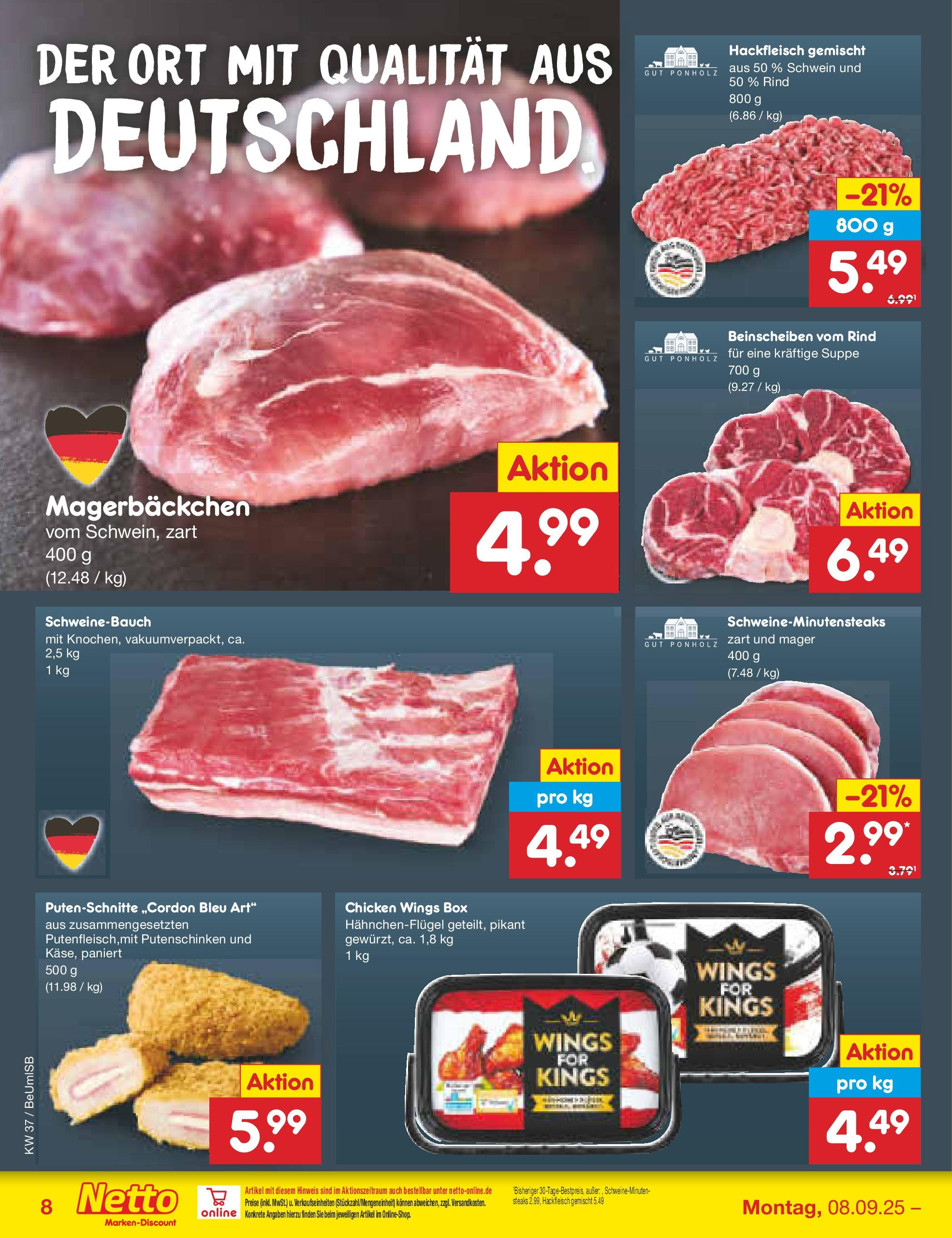 Netto Marken-Discount prospekt Kremmen (ab 07.09.2025) » Angebote | Seite: 8 | Produkte: Schweinebauch, Box, Hackfleisch Netto Marken-Discount prospekt Kremmen (ab 07.09.2025) » Angebote | Seite: 8 | Produkte: Schweinebauch, Box, Hackfleisch
