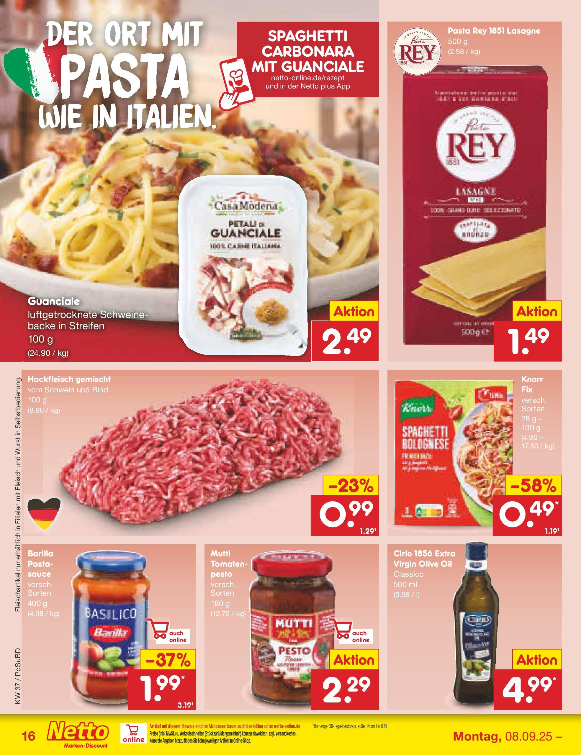 Netto Marken-Discount prospekt Regensburg (ab 08.09.2025) » Angebote | Seite: 16 | Produkte: Tomaten, Wurst, Pasta, Hackfleisch Netto Marken-Discount prospekt Regensburg (ab 08.09.2025) » Angebote | Seite: 16 | Produkte: Tomaten, Wurst, Pasta, Hackfleisch