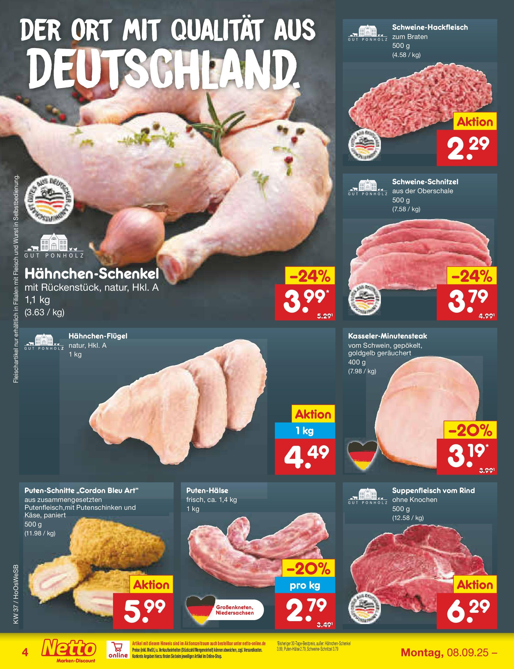 Netto Marken-Discount prospekt Hannover	 (ab 07.09.2025) » Angebote | Seite: 4 | Produkte: Hahnchenschenkel, Suppenfleisch, Wurst, Fleisch