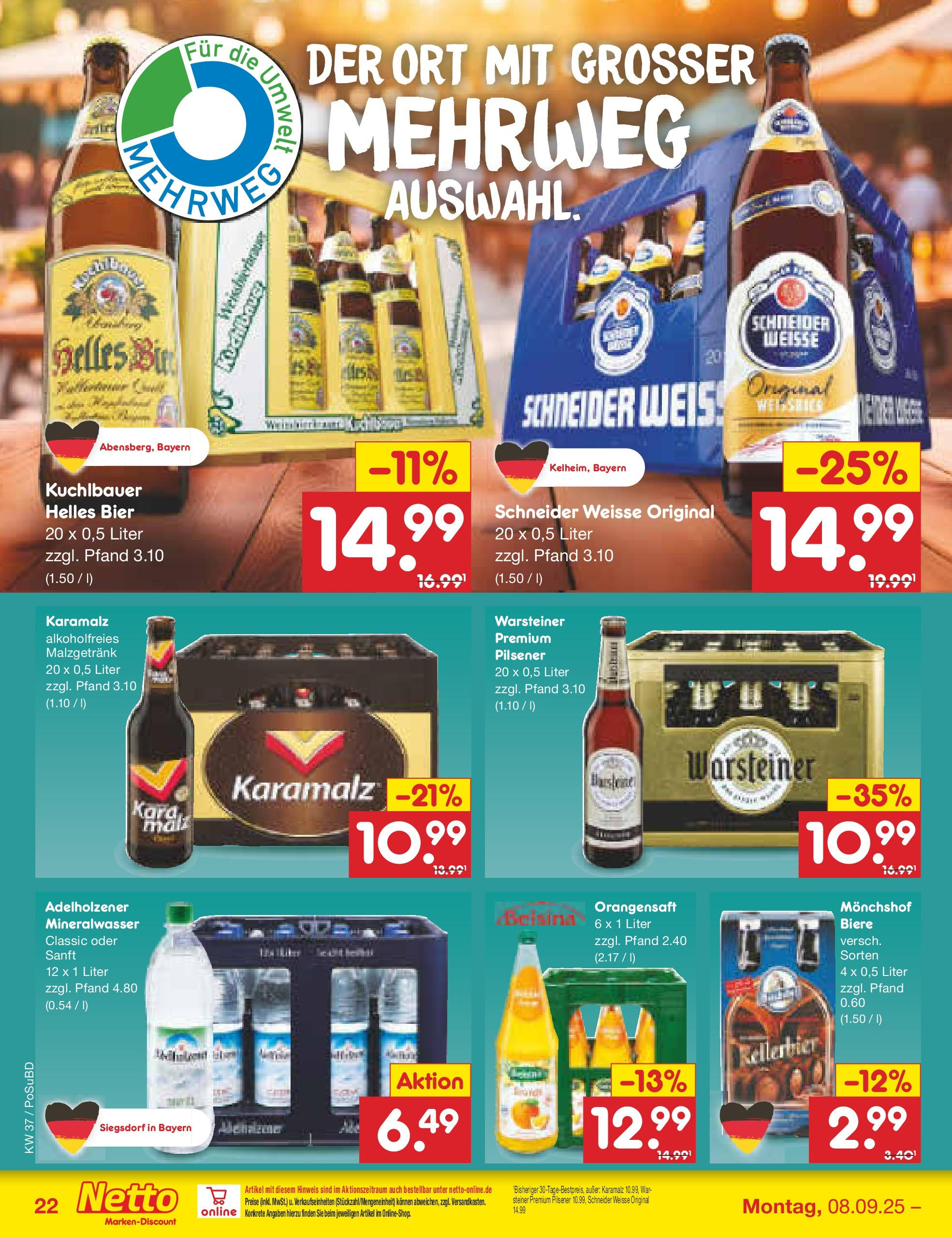 Netto Marken-Discount prospekt Regensburg (ab 08.09.2025) » Angebote | Seite: 30 | Produkte: Monchshof, Orangensaft, Mineralwasser, Warsteiner Netto Marken-Discount prospekt Regensburg (ab 08.09.2025) » Angebote | Seite: 30 | Produkte: Monchshof, Orangensaft, Mineralwasser, Warsteiner