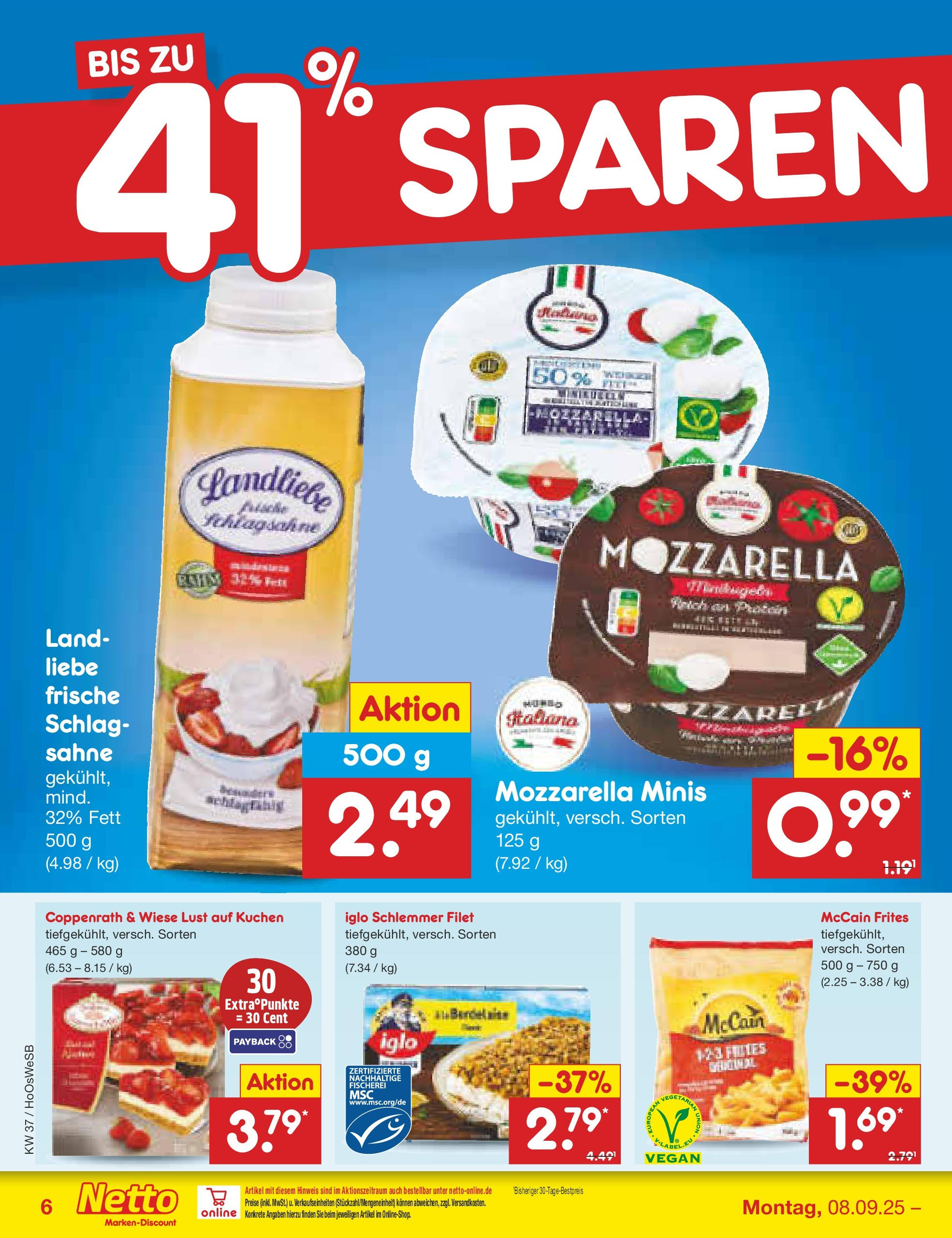 Netto Marken-Discount prospekt Hannover	 (ab 07.09.2025) » Angebote | Seite: 6 | Produkte: Mozzarella, Iglo, McCain, Kuchen