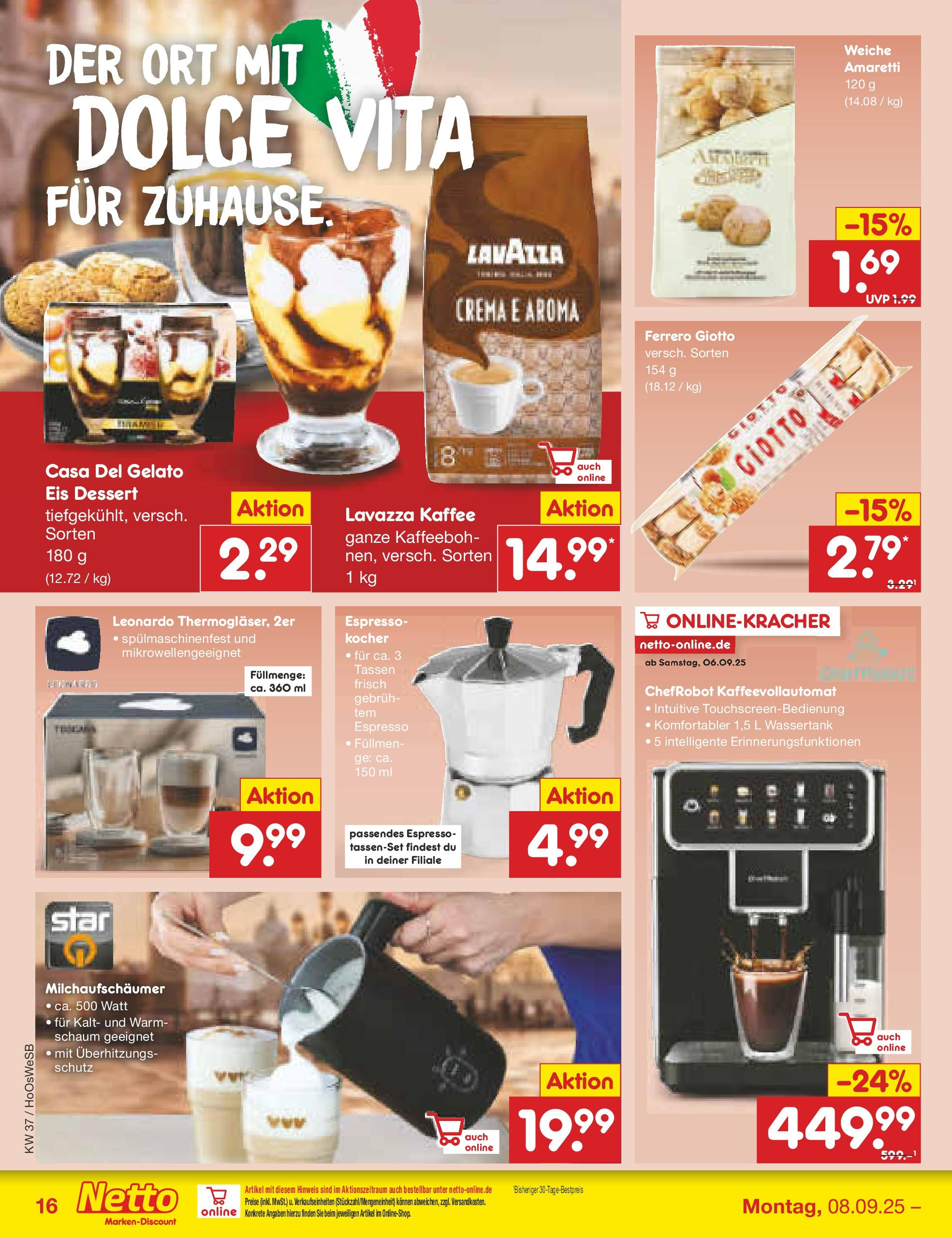 Netto Marken-Discount prospekt Hannover	 (ab 07.09.2025) » Angebote | Seite: 16 | Produkte: Lavazza, Kocher, Kaffeevollautomat, Eis