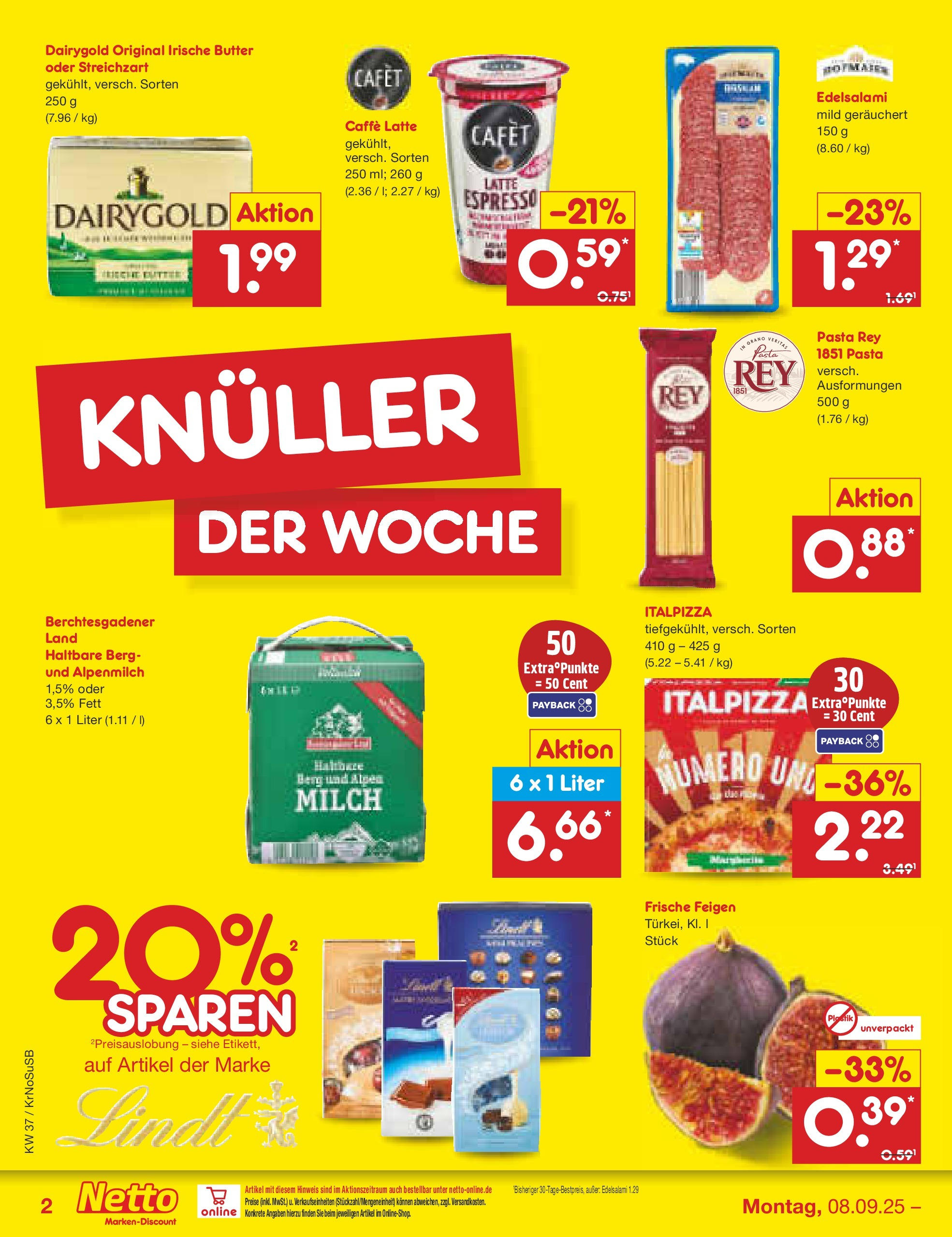 Netto Marken-Discount prospekt Duisburg	 (ab 08.09.2025) » Angebote | Seite: 2 | Produkte: Milch, Butter, Pasta, Lindt