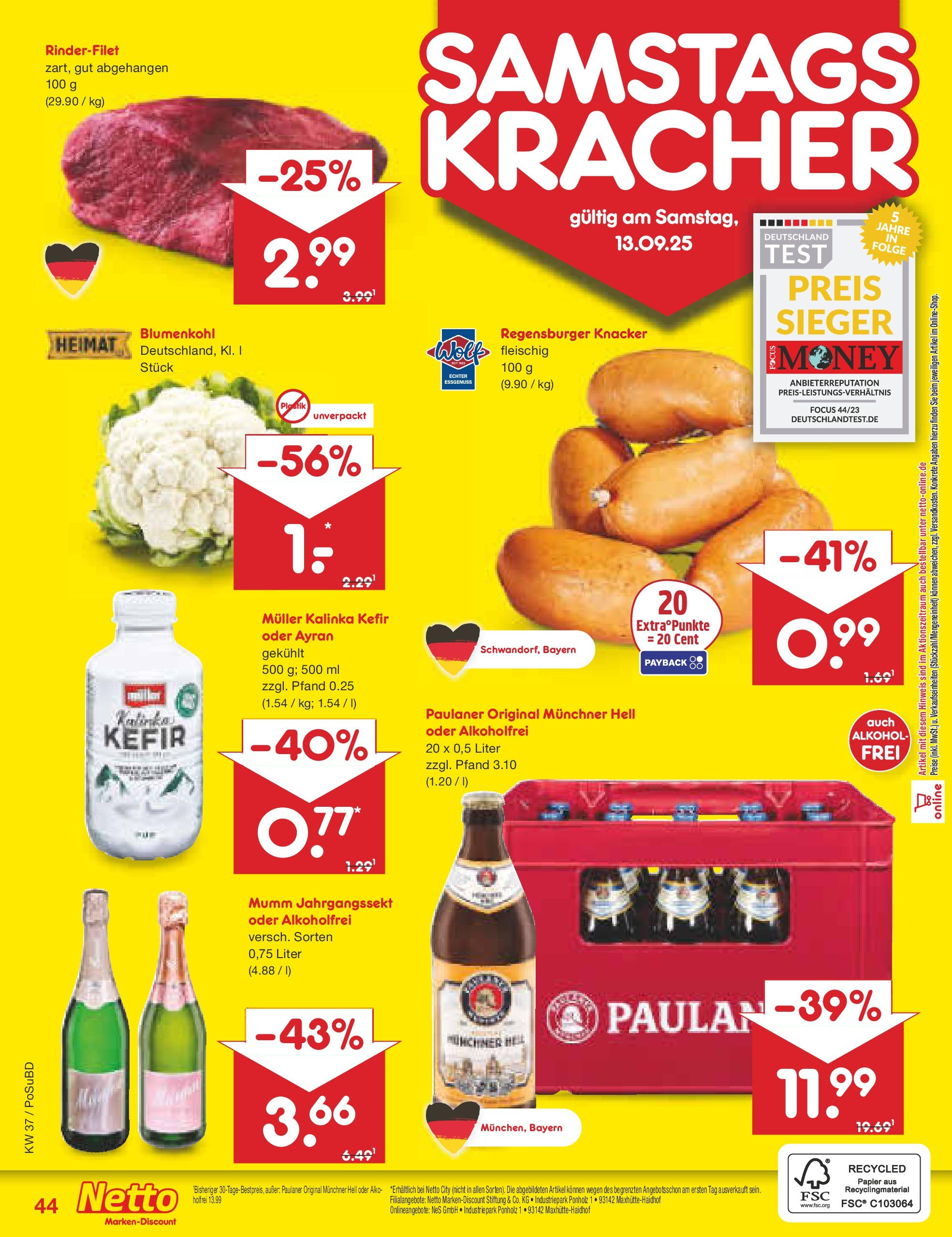 Netto Marken-Discount prospekt Regensburg (ab 08.09.2025) » Angebote | Seite: 64 | Produkte: Kefir, Rinderfilet, Blumenkohl, Paulaner Netto Marken-Discount prospekt Regensburg (ab 08.09.2025) » Angebote | Seite: 64 | Produkte: Kefir, Rinderfilet, Blumenkohl, Paulaner