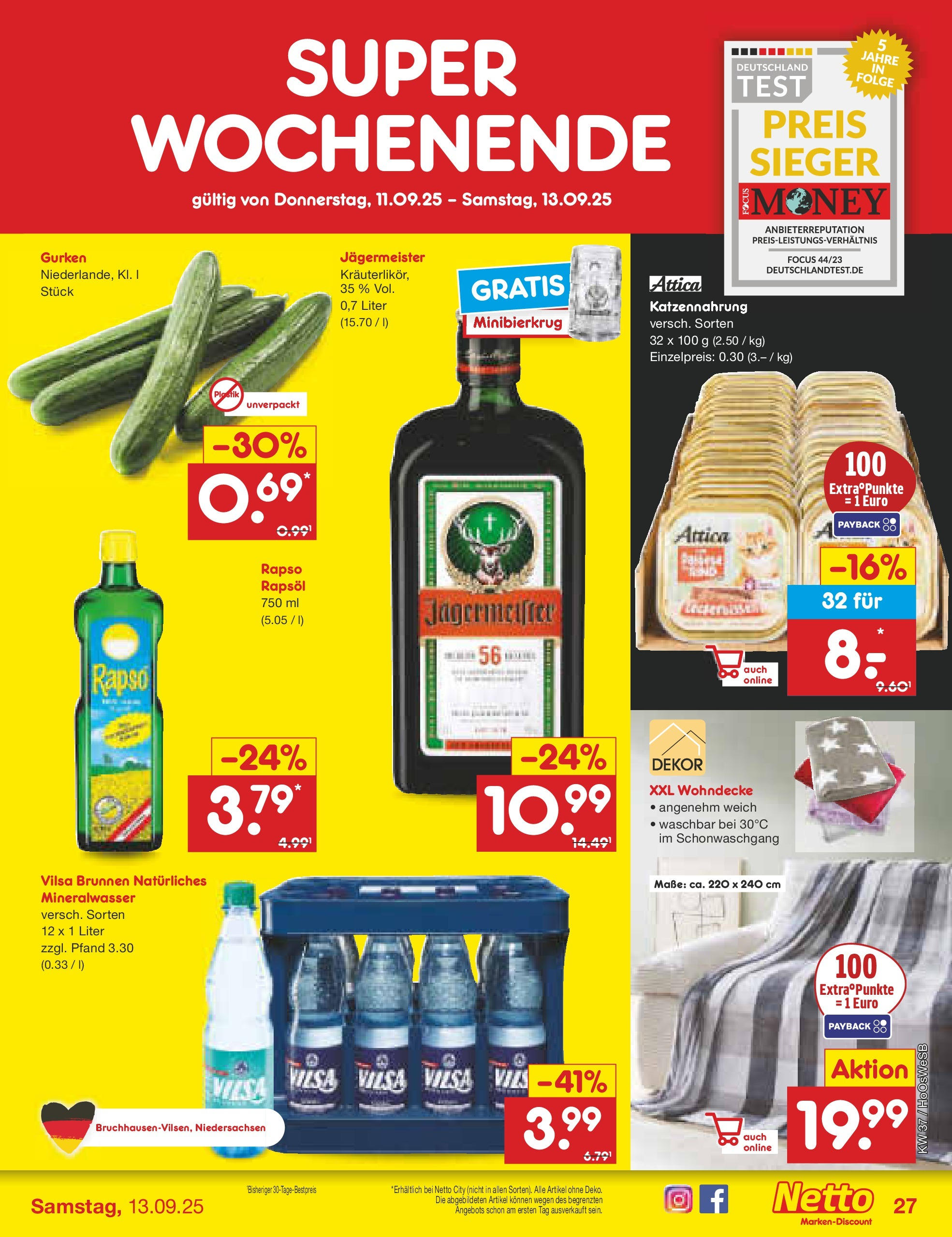 Netto Marken-Discount prospekt Hannover	 (ab 07.09.2025) » Angebote | Seite: 35 | Produkte: Rapsöl, Mineralwasser, Jägermeister, Gurken