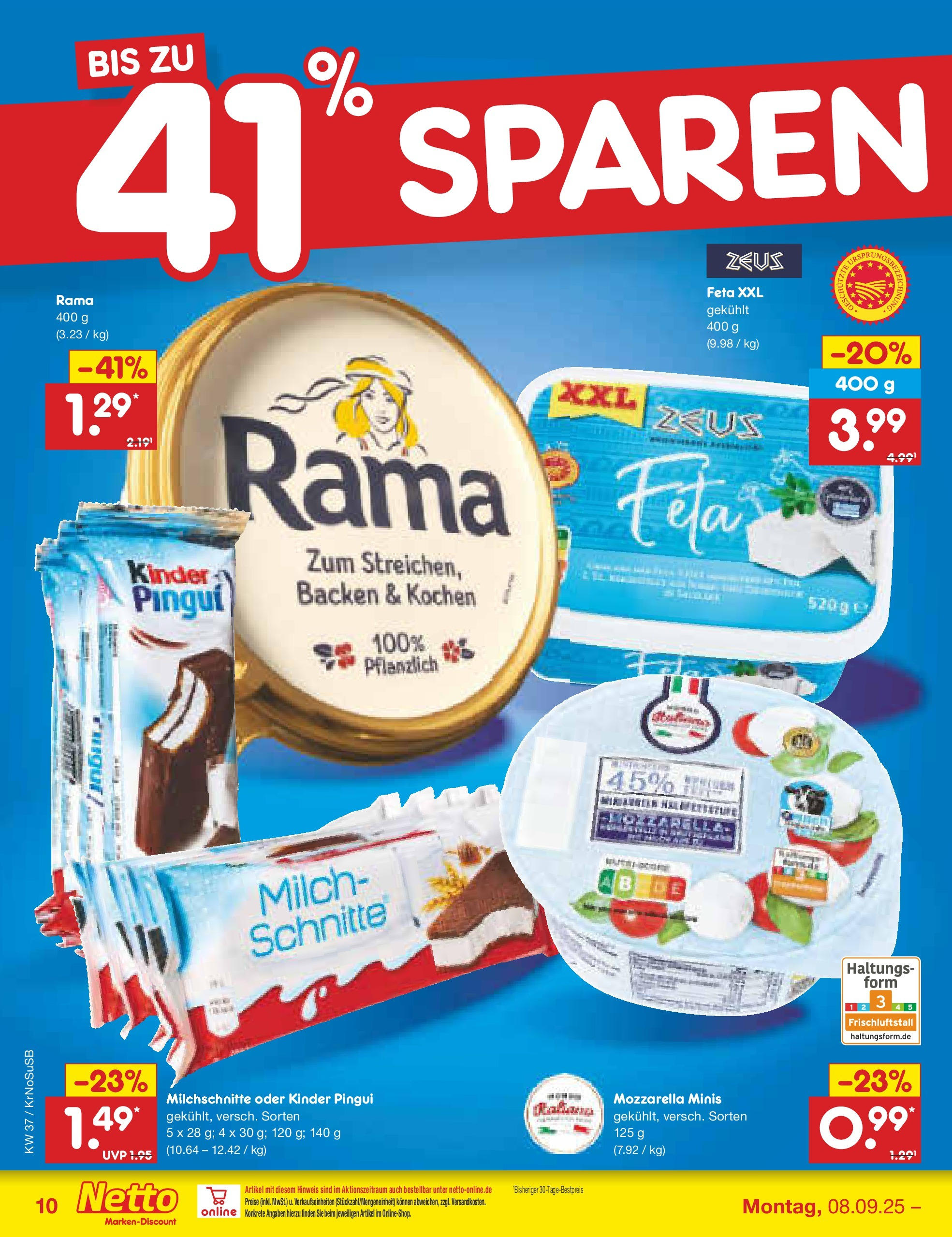 Netto Marken-Discount prospekt Duisburg	 (ab 08.09.2025) » Angebote | Seite: 10 | Produkte: Rama, Feta, Milch, Mozzarella