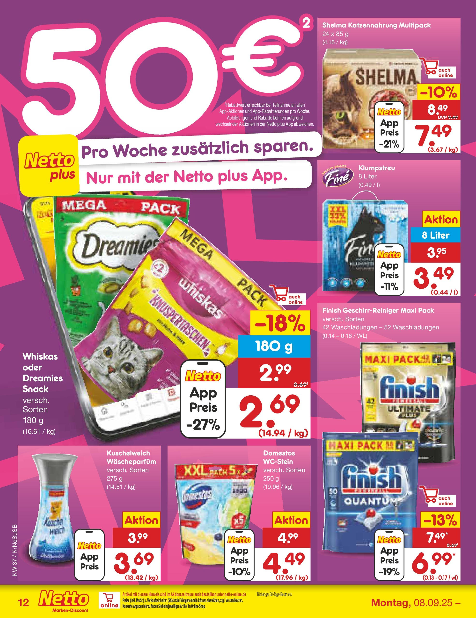 Netto Marken-Discount prospekt Duisburg	 (ab 08.09.2025) » Angebote | Seite: 12 | Produkte: Kuschelweich, Finish, Whiskas