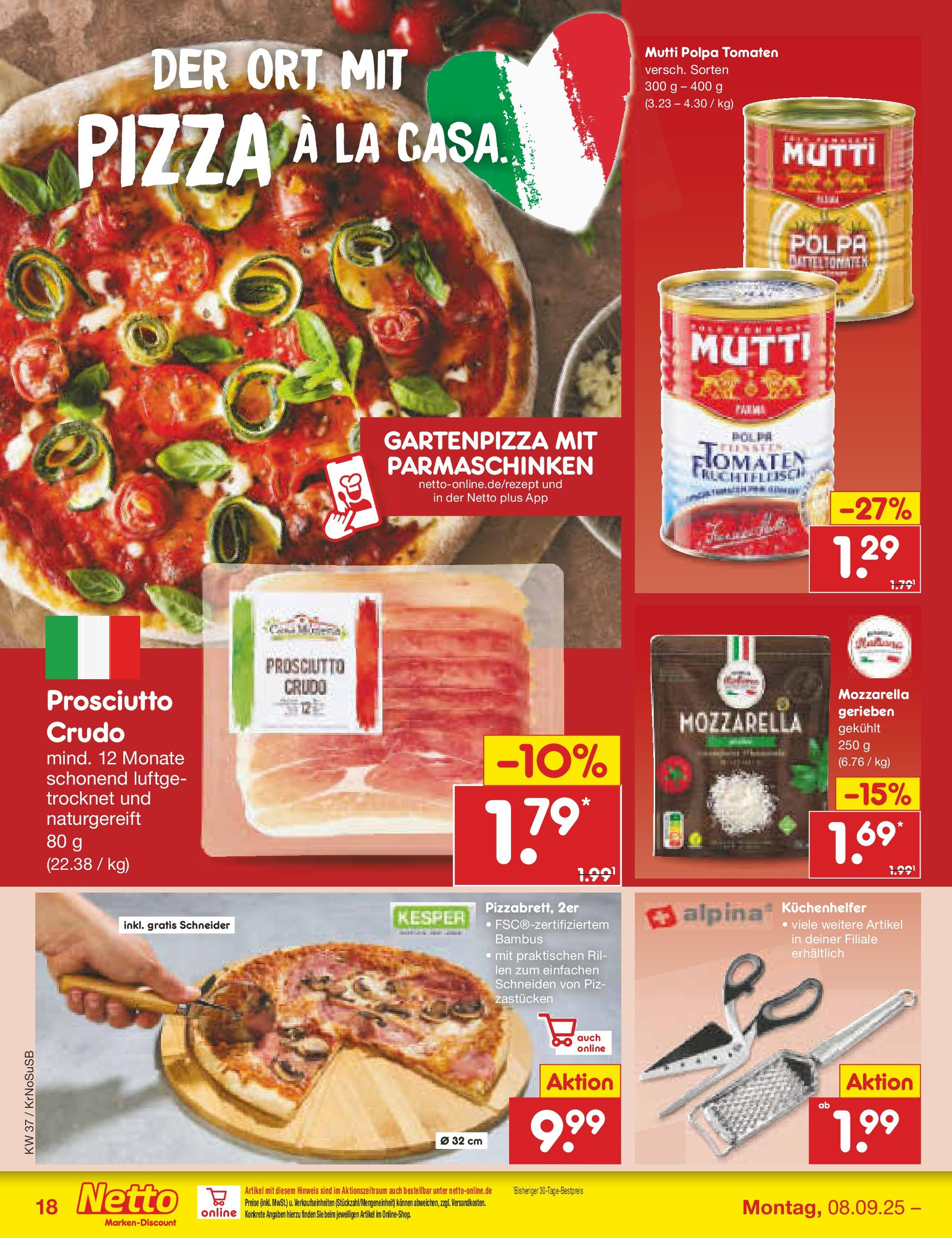Netto Marken-Discount prospekt Duisburg	 (ab 08.09.2025) » Angebote | Seite: 20 | Produkte: Mozzarella, Tomaten, Pizza