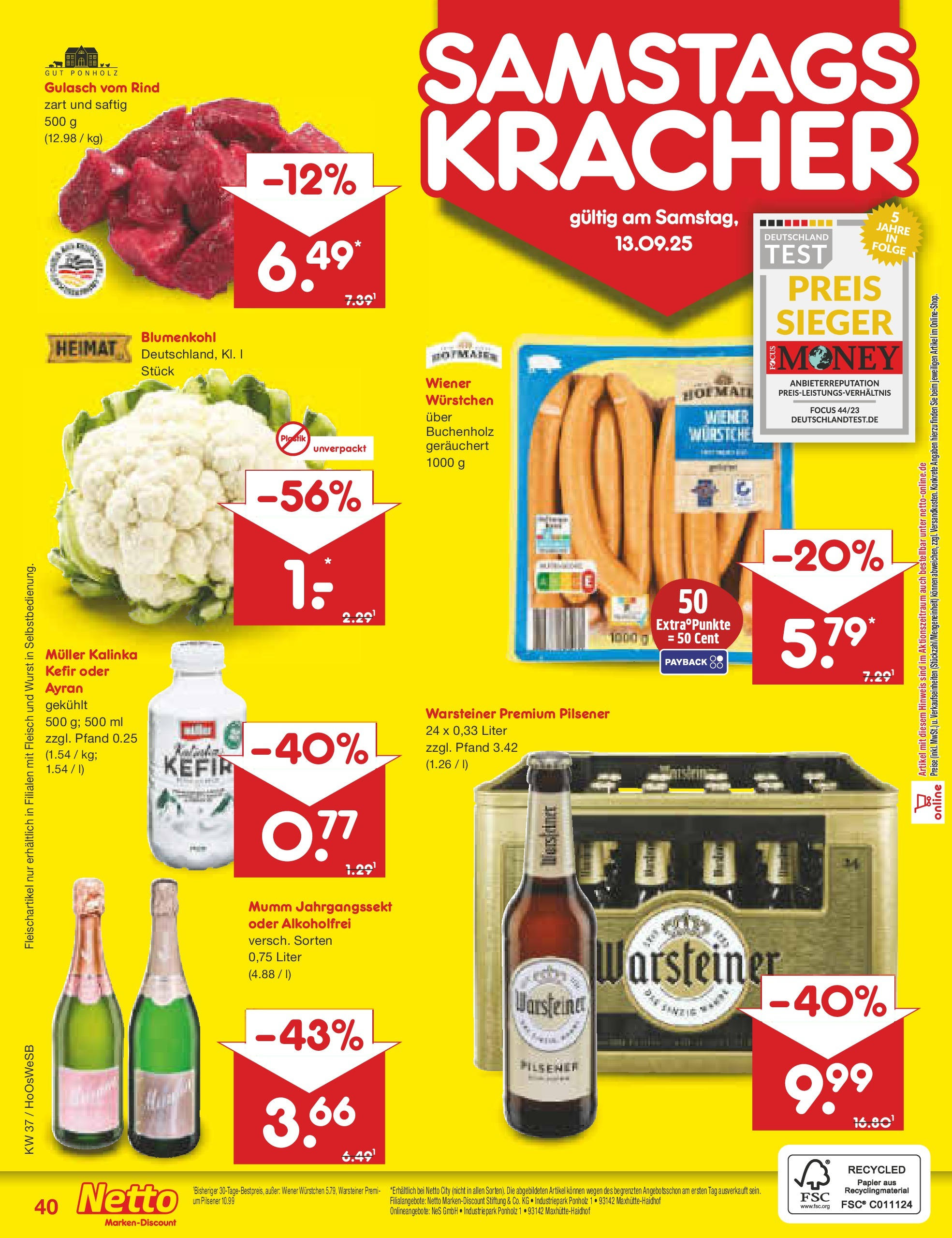 Netto Marken-Discount prospekt Hannover	 (ab 07.09.2025) » Angebote | Seite: 52 | Produkte: Kefir, Gulasch, Warsteiner, Wurst