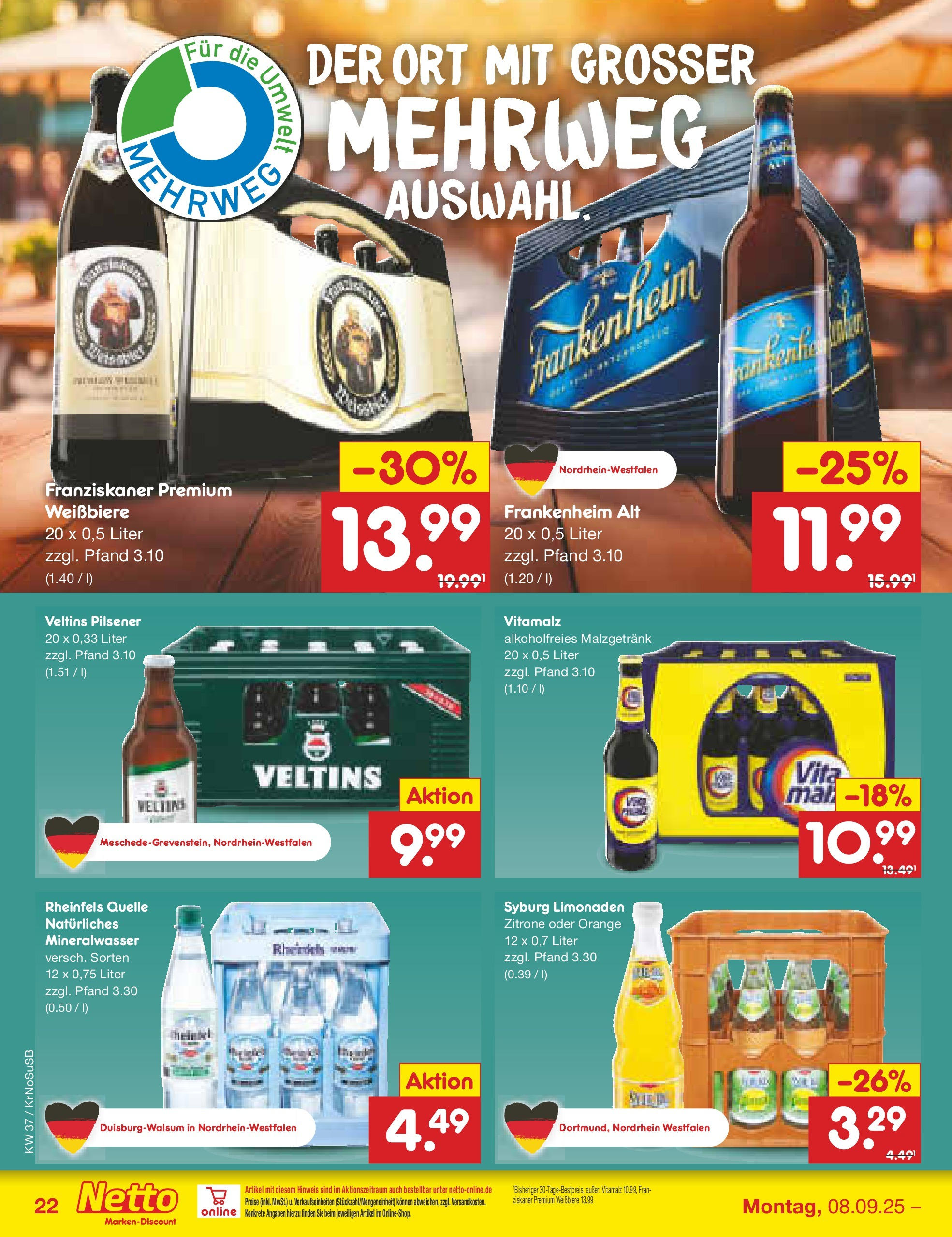 Netto Marken-Discount prospekt Duisburg	 (ab 08.09.2025) » Angebote | Seite: 30 | Produkte: Mineralwasser, Zitrone, Veltins, Rheinfels quelle