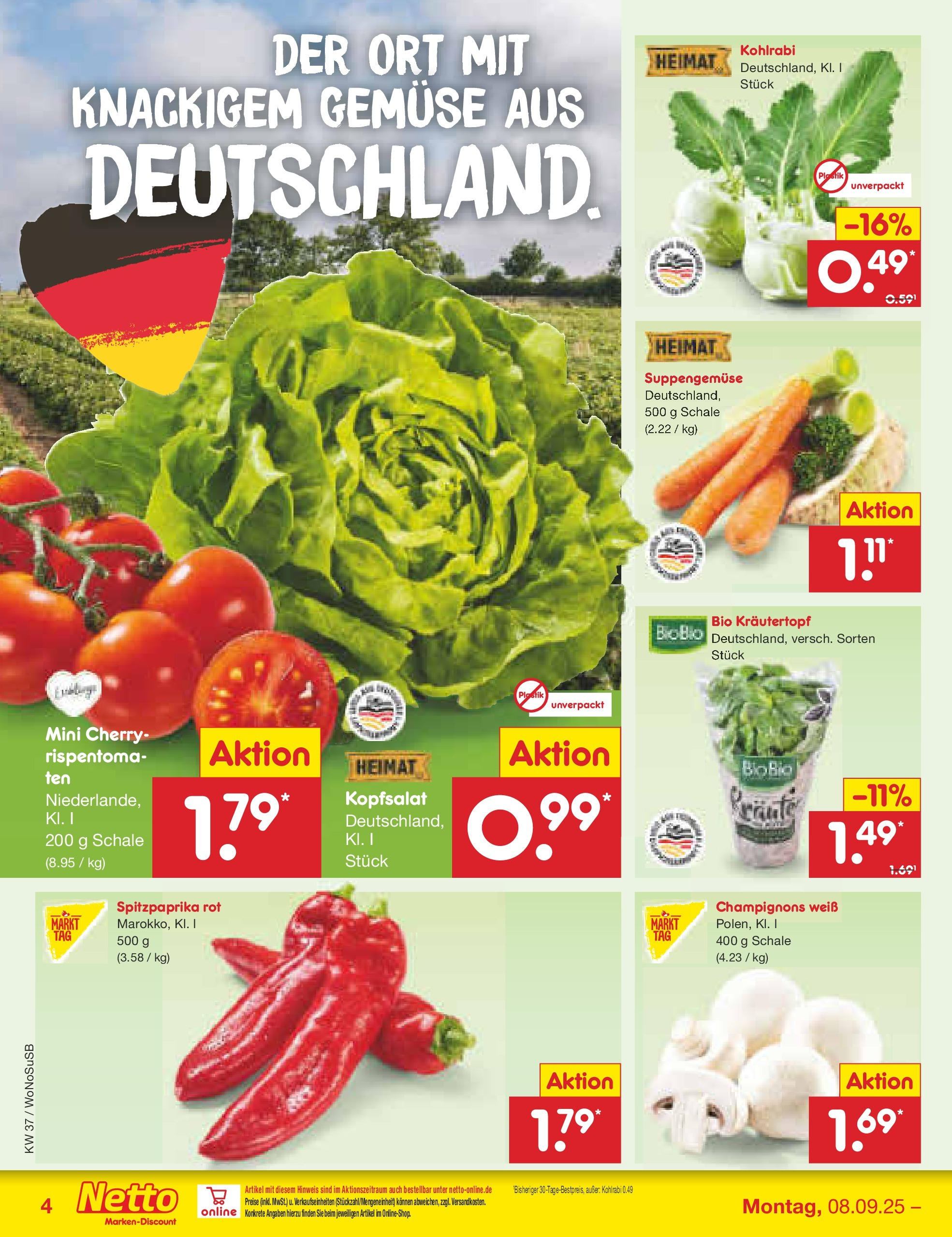 Netto Marken-Discount prospekt Mannheim (ab 07.09.2025) » Angebote | Seite: 4 | Produkte: Kohlrabi, Champignons, Gemüse Netto Marken-Discount prospekt Mannheim (ab 07.09.2025) » Angebote | Seite: 4 | Produkte: Kohlrabi, Champignons, Gemüse