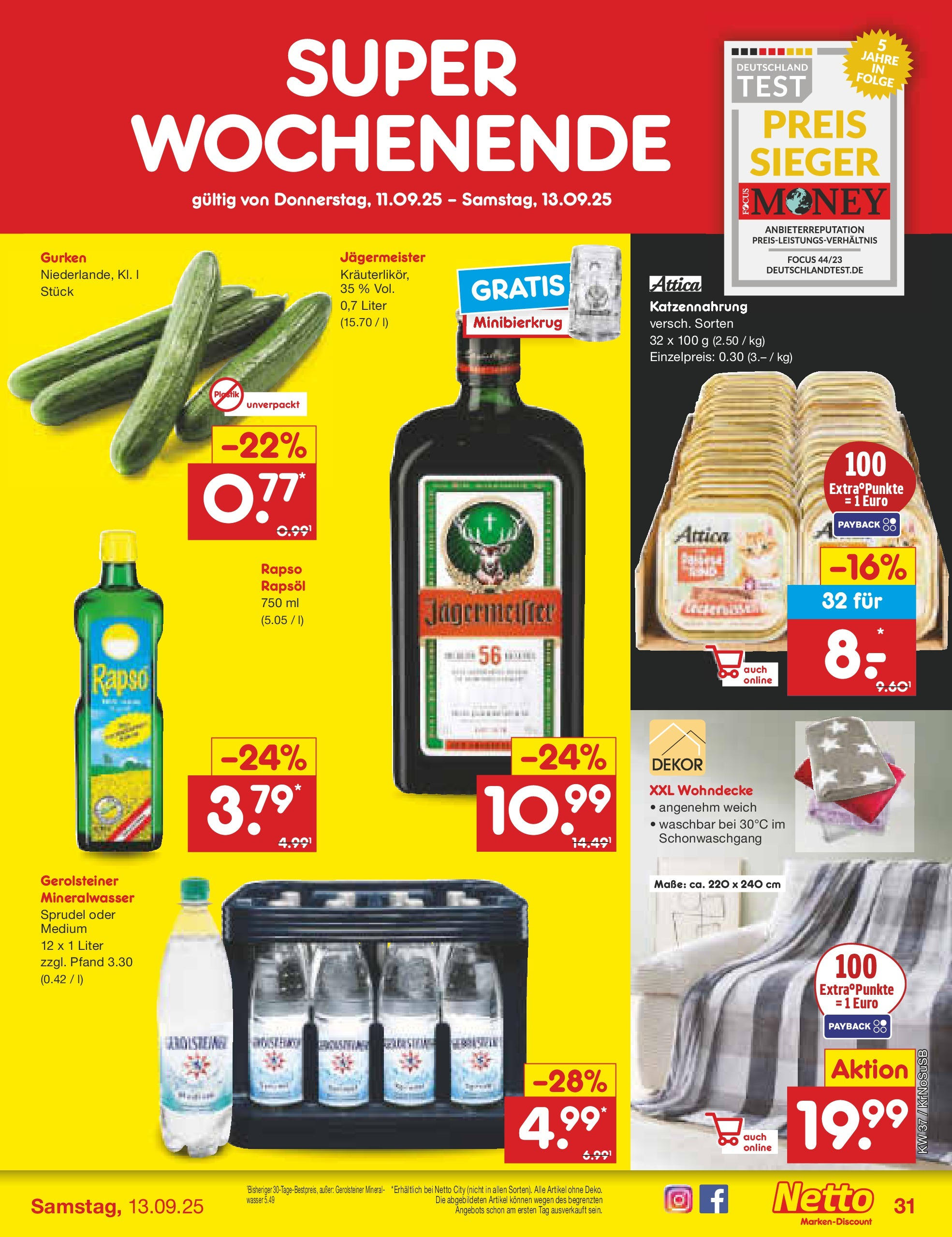 Netto Marken-Discount prospekt Duisburg	 (ab 08.09.2025) » Angebote | Seite: 45 | Produkte: Mineralwasser, Wasser, Jägermeister, Gurken