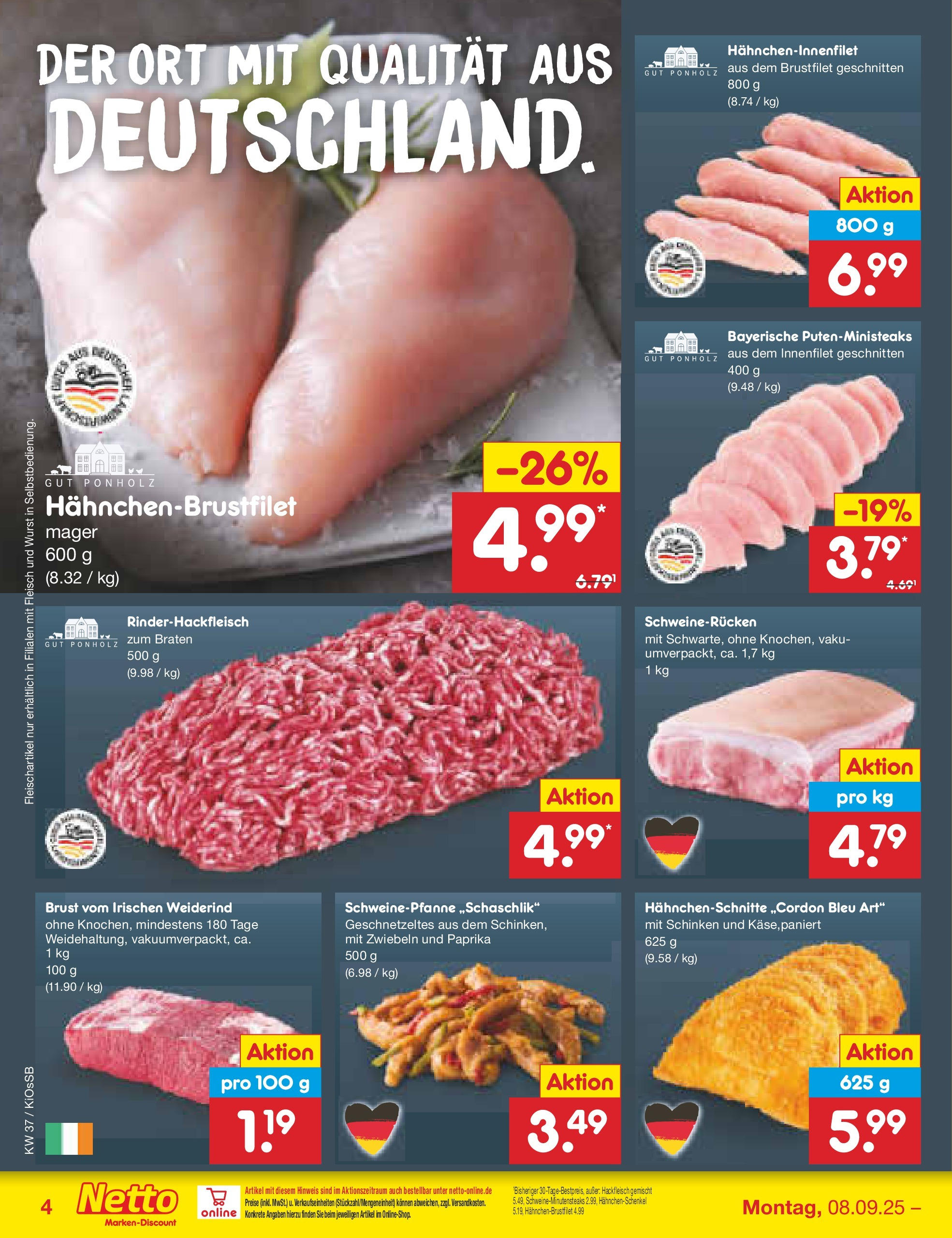 Netto Marken-Discount prospekt Oberasbach (ab 07.09.2025) » Angebote | Seite: 4 | Produkte: Hahnchenschenkel, Zwiebeln, Schinken, Hackfleisch Netto Marken-Discount prospekt Oberasbach (ab 07.09.2025) » Angebote | Seite: 4 | Produkte: Hahnchenschenkel, Zwiebeln, Schinken, Hackfleisch
