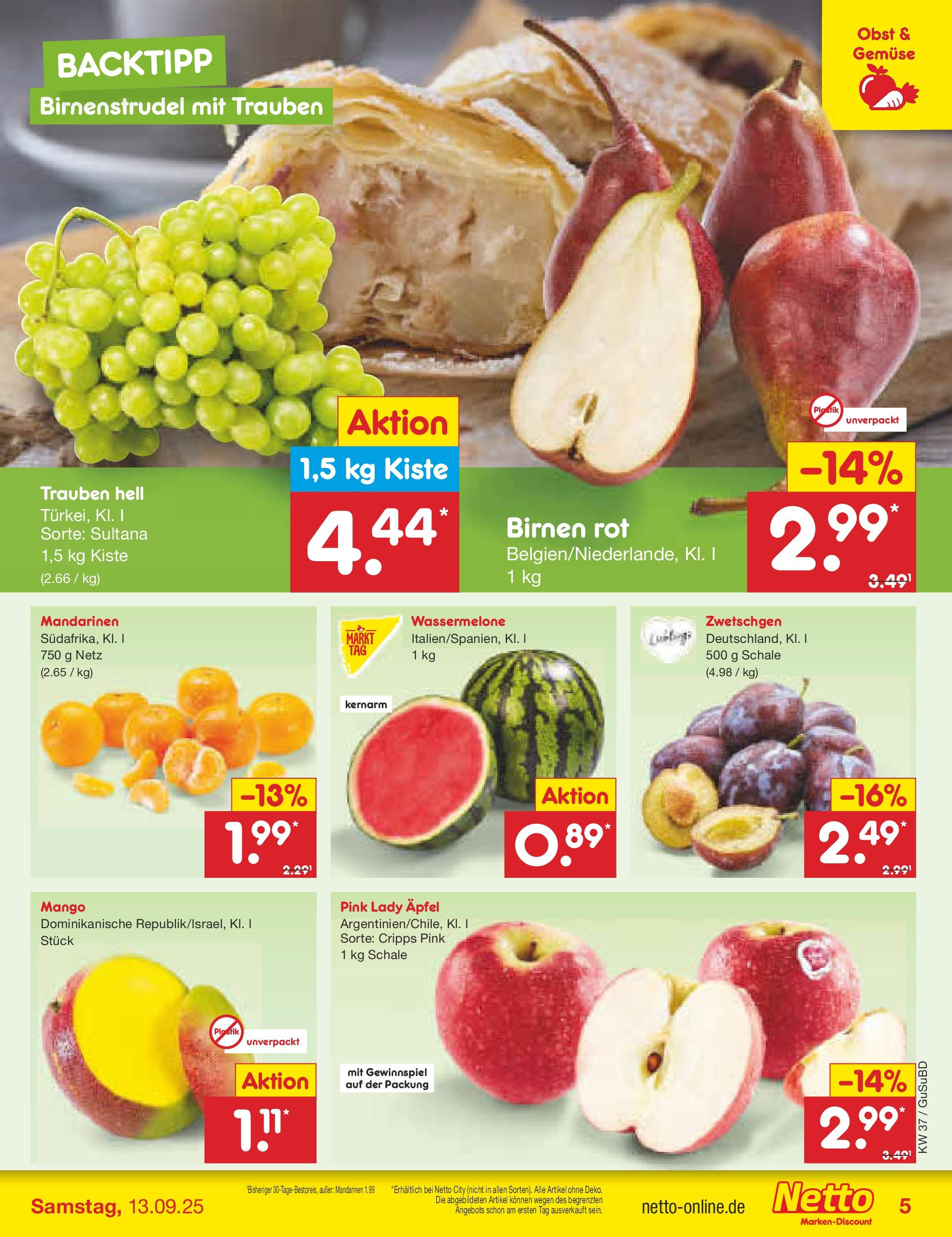 Netto Marken-Discount prospekt Glauchau	 (ab 07.09.2025) » Angebote | Seite: 5 | Produkte: Gemüse, Obst, Mango, Wassermelone