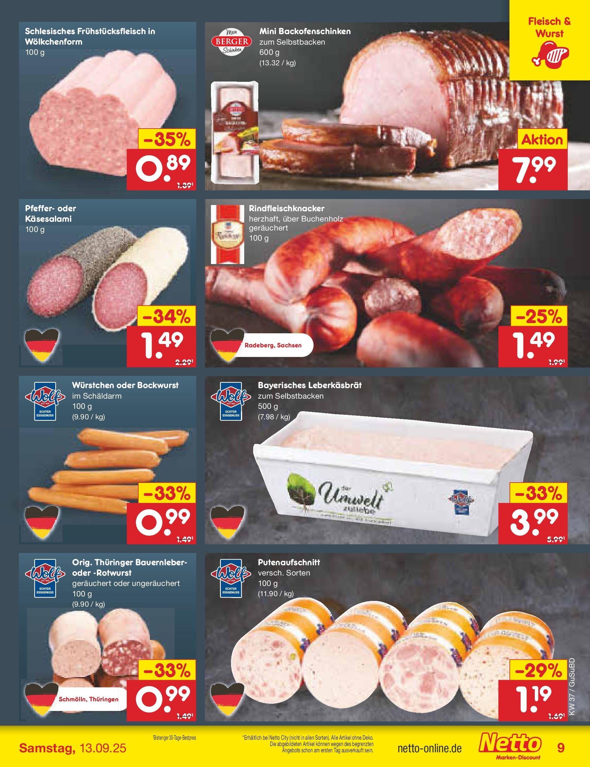 Netto Marken-Discount prospekt Glauchau	 (ab 07.09.2025) » Angebote | Seite: 9 | Produkte: Bockwurst, Pfeffer, Wurst, Schinken