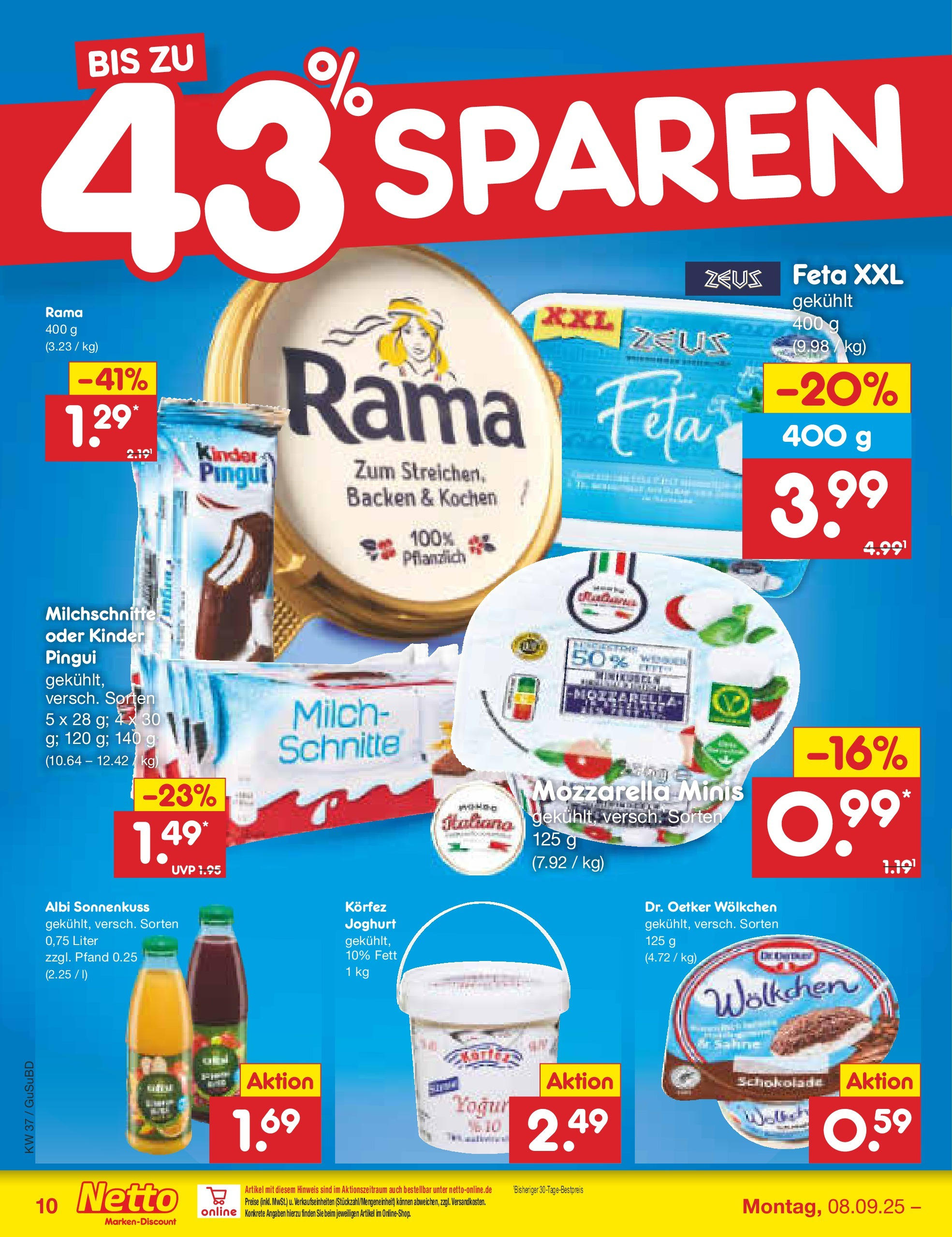 Netto Marken-Discount prospekt Glauchau	 (ab 07.09.2025) » Angebote | Seite: 10 | Produkte: Feta, Joghurt, Schokolade, Mozzarella