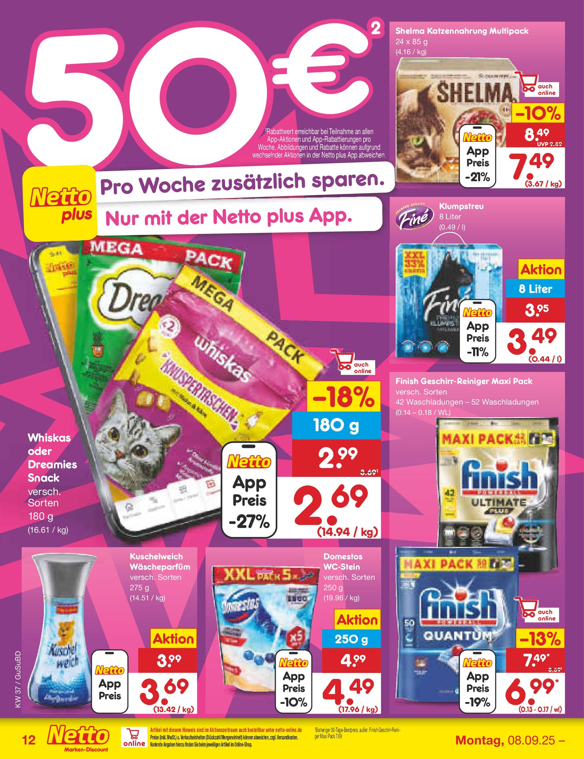 Netto Marken-Discount prospekt Glauchau	 (ab 07.09.2025) » Angebote | Seite: 12 | Produkte: Kuschelweich, Finish, Whiskas