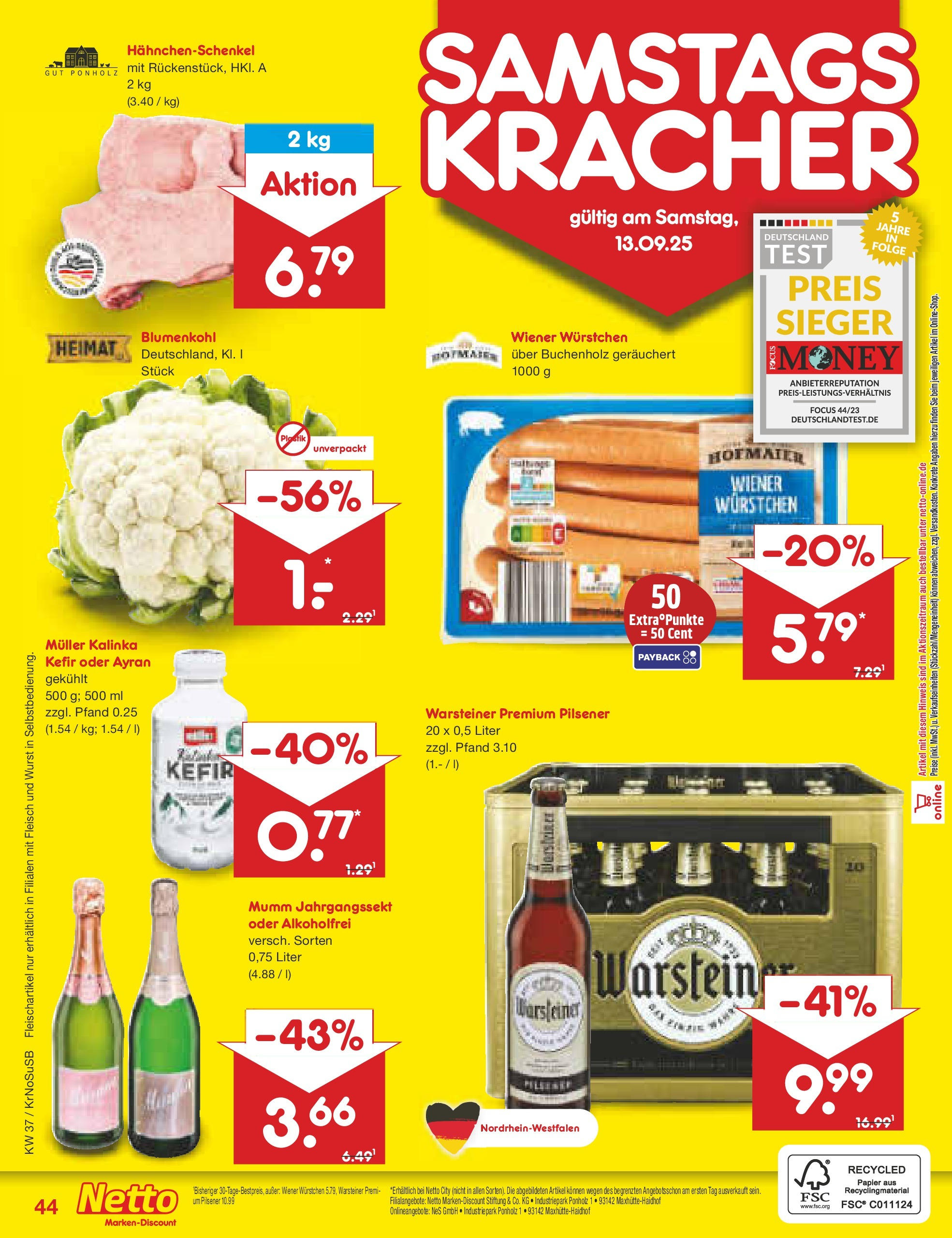 Netto Marken-Discount prospekt Duisburg	 (ab 08.09.2025) » Angebote | Seite: 64 | Produkte: Hahnchenschenkel, Warsteiner, Wurst, Blumenkohl