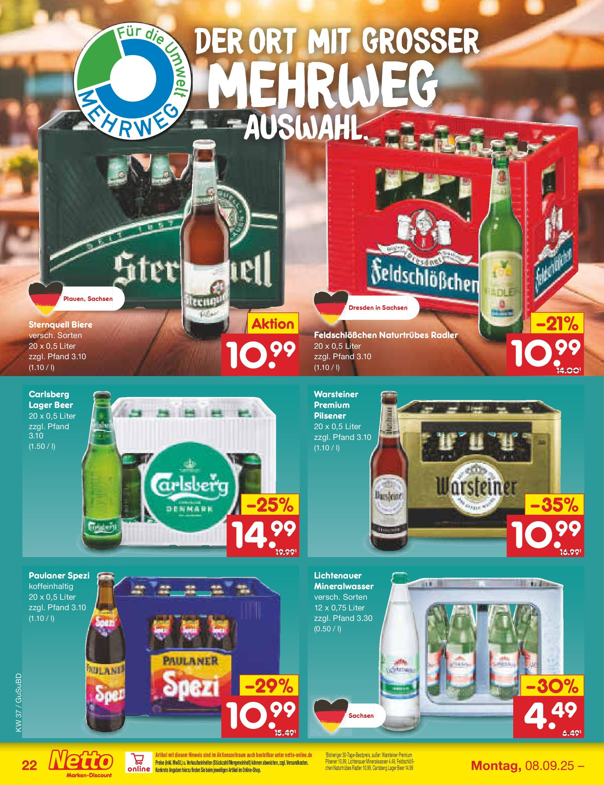 Netto Marken-Discount prospekt Glauchau	 (ab 07.09.2025) » Angebote | Seite: 30 | Produkte: Carlsberg, Mineralwasser, Radler, Paulaner