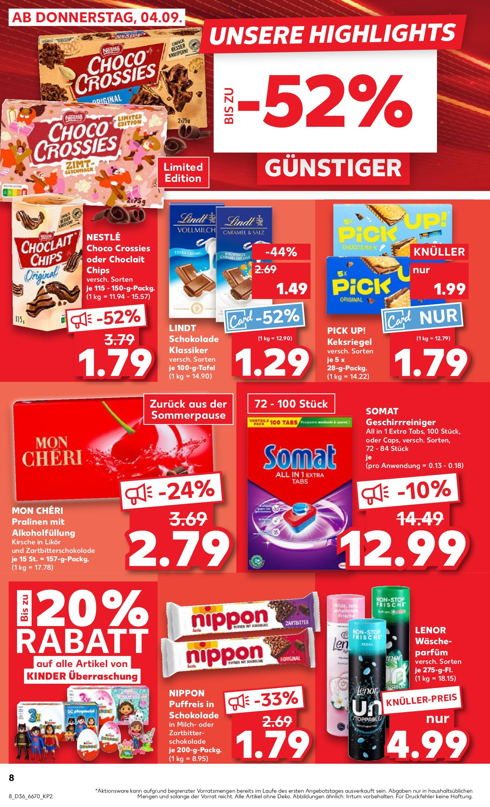 Prospekt Kaufland ab 04.09.2025 » Angebote und Werbung Online | Seite: 8 | Produkte: Lenor, Schokolade, Lindt, Mon cheri Prospekt Kaufland ab 04.09.2025 » Angebote Online zum Blättern | Seite: 8 | Produkte: Lenor, Schokolade, Lindt, Mon cheri