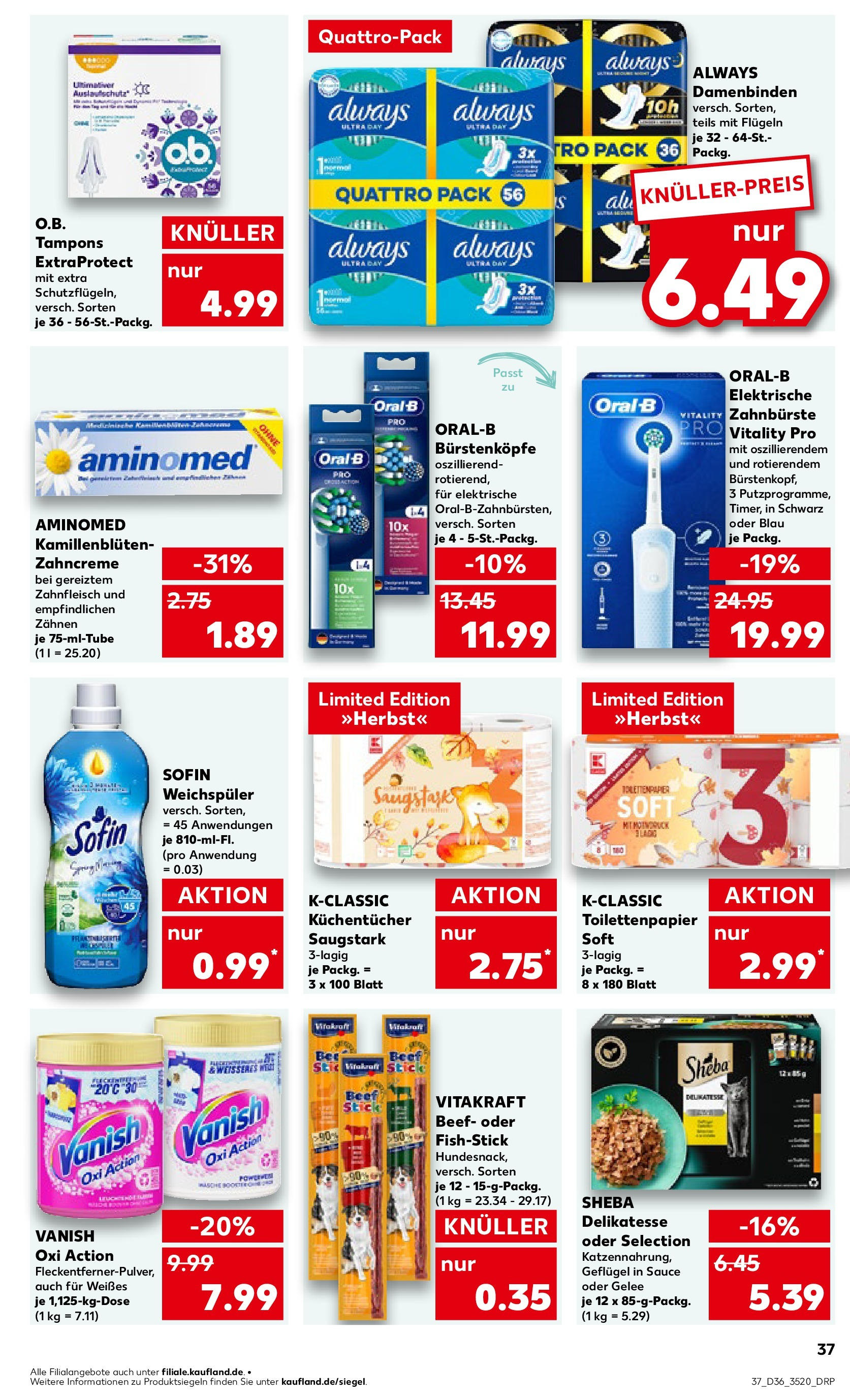 Prospekt Kaufland ab 04.09.2025 » Angebote und Werbung Online | Seite: 37 | Produkte: Sheba, Elektrische zahnbürste, Zahnbürste, Toilettenpapier Prospekt Kaufland ab 04.09.2025 » Angebote Online zum Blättern | Seite: 37 | Produkte: Sheba, Elektrische zahnbürste, Zahnbürste, Toilettenpapier
