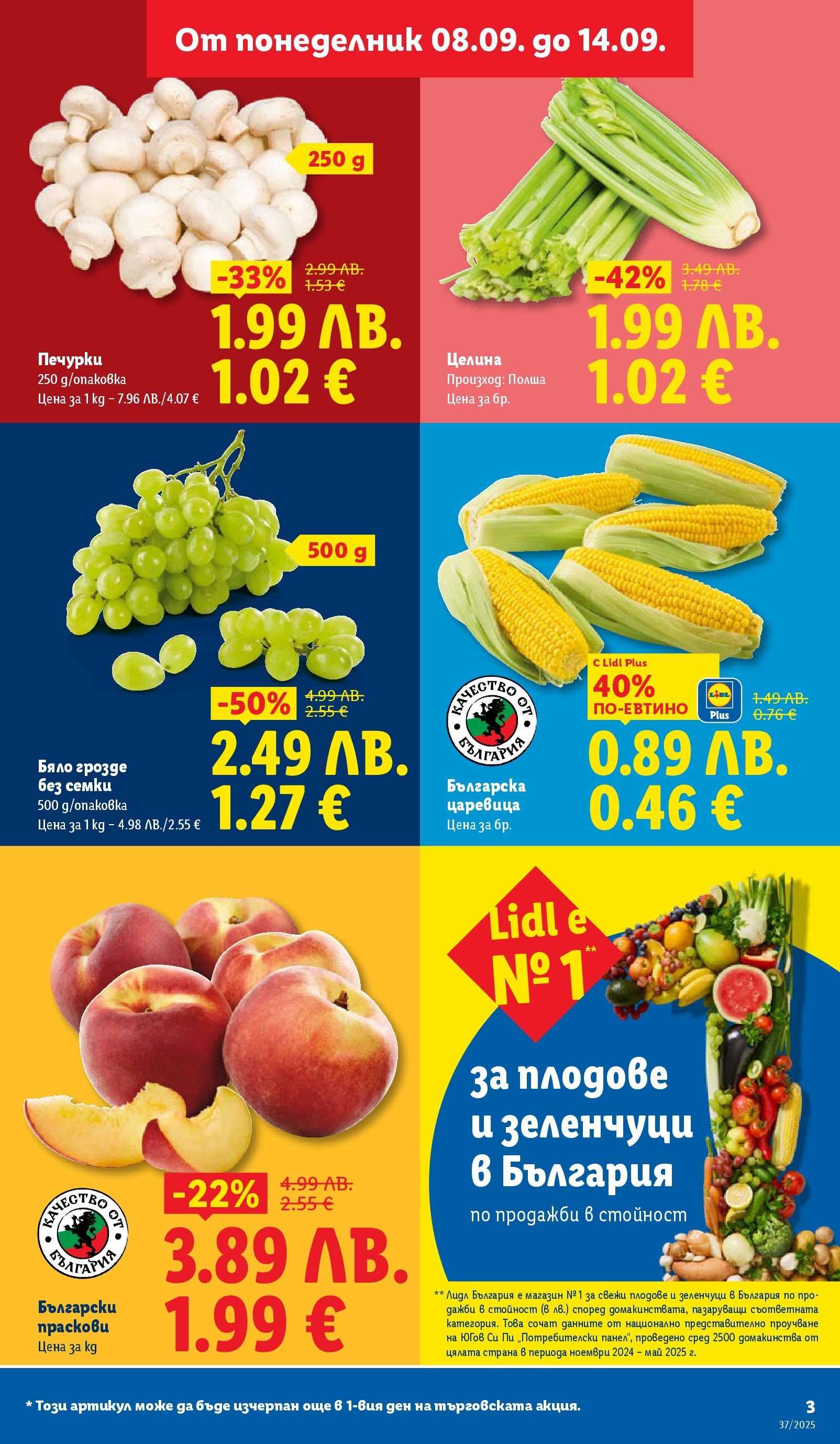 Cедмична брошура на Лидл от 08.09.2025 | Страница: 3 | Продукти: Зеленчуци, Плодове, Праскови, Царевица Cедмична брошура на Лидл от 08.09.2025 | Страница: 3 | Продукти: Зеленчуци, Плодове, Праскови, Царевица