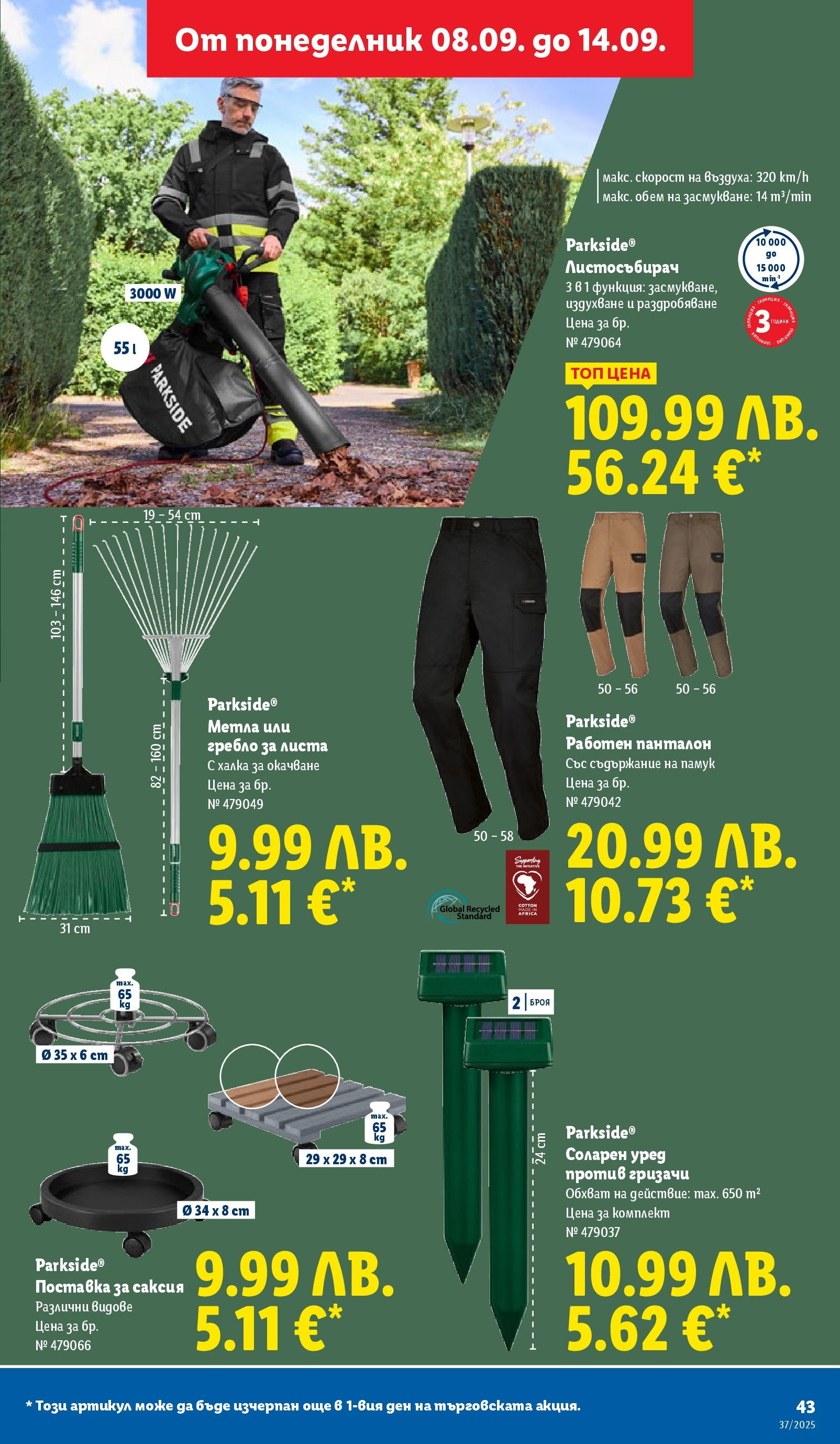 Cедмична брошура на Лидл от 08.09.2025 | Страница: 43 | Продукти: Поставка, Памук, Саксия, Панталон Cедмична брошура на Лидл от 08.09.2025 | Страница: 43 | Продукти: Поставка, Памук, Саксия, Панталон