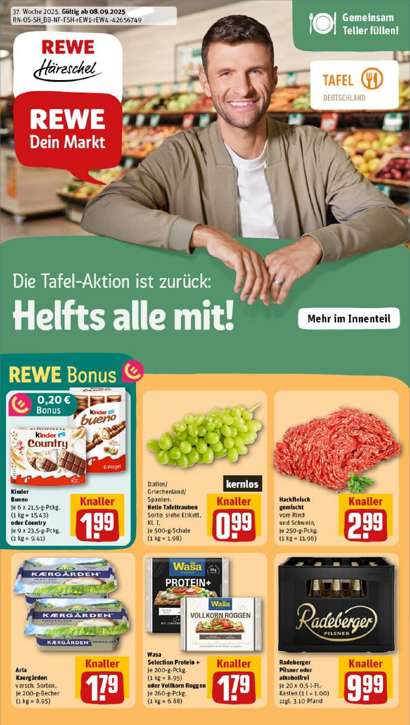 REWE Prospekt ab 07.09.2025 zum Blättern » Angebote | Seite: 1 | Produkte: Kinder bueno, Radeberger pilsner, Hackfleisch