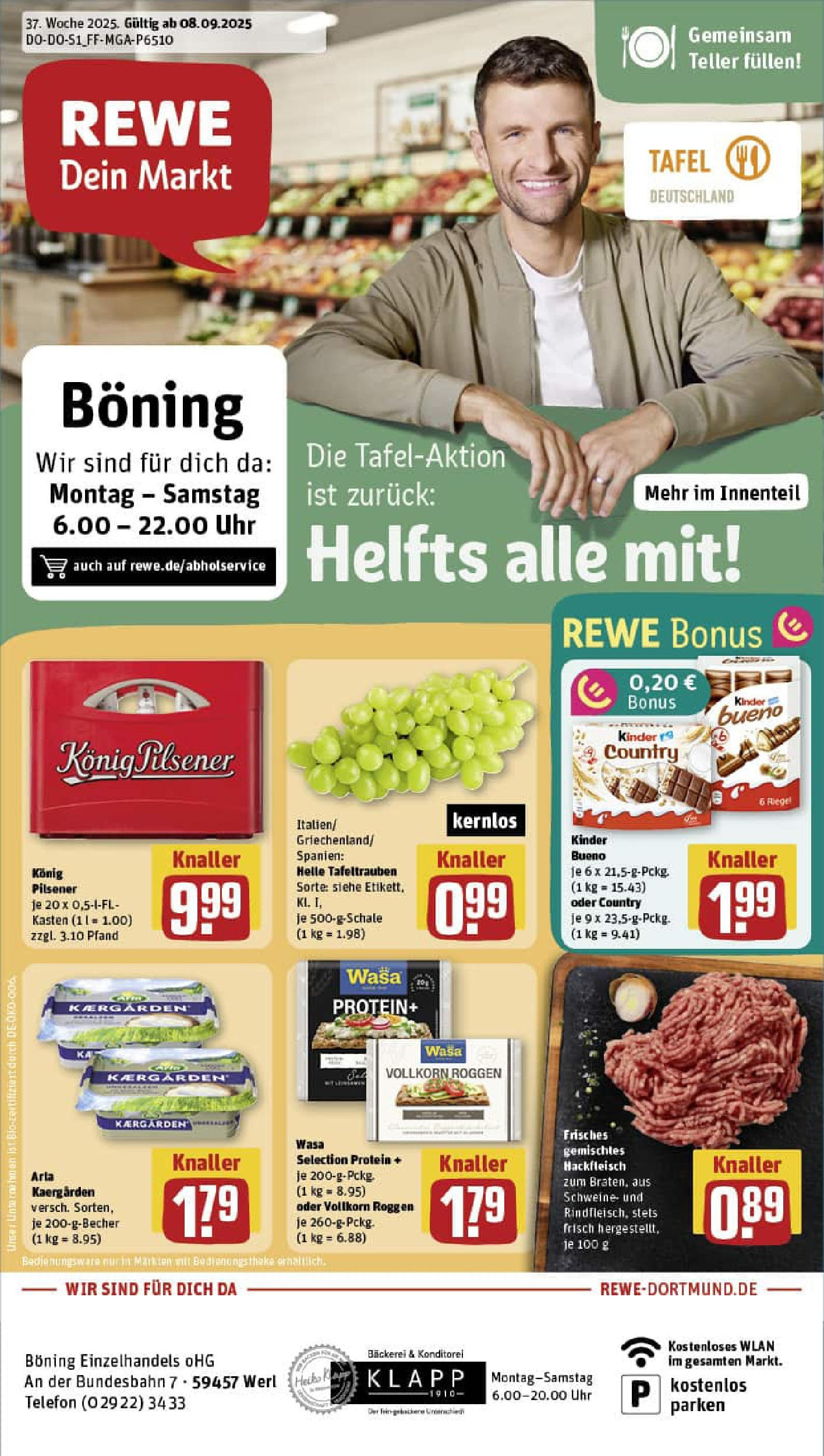 REWE Prospekt ab 07.09.2025 zum Blättern » Angebote | Seite: 1 | Produkte: Bäckerei, Konig pilsener, Kinder bueno, Telefon