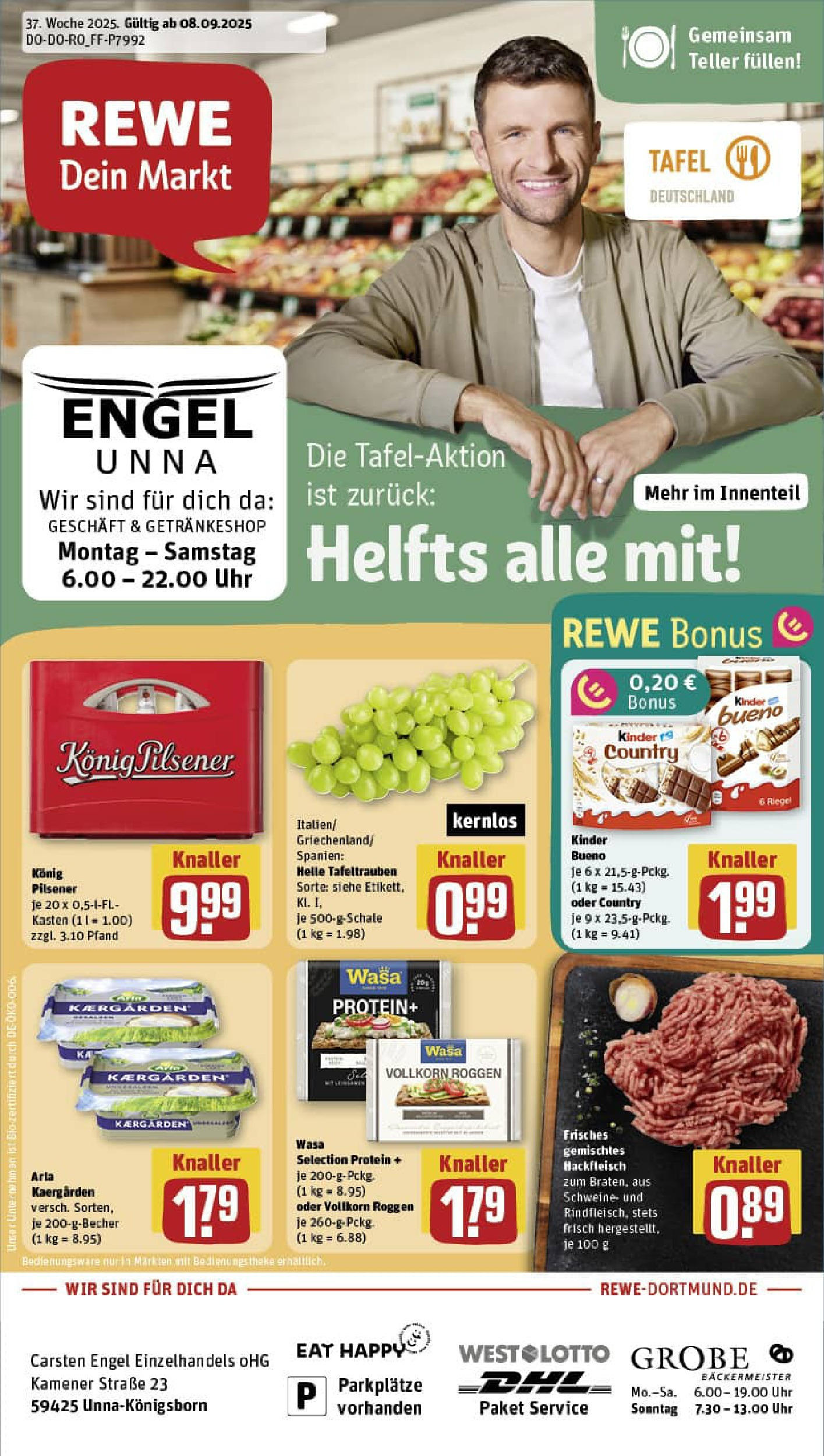 REWE Prospekt ab 07.09.2025 zum Blättern » Angebote | Seite: 1 | Produkte: Konig pilsener, Kinder bueno, Uhr, Hackfleisch REWE Prospekt ab 07.09.2025 zum Blättern » Angebote | Seite: 1 | Produkte: Konig pilsener, Kinder bueno, Uhr, Hackfleisch