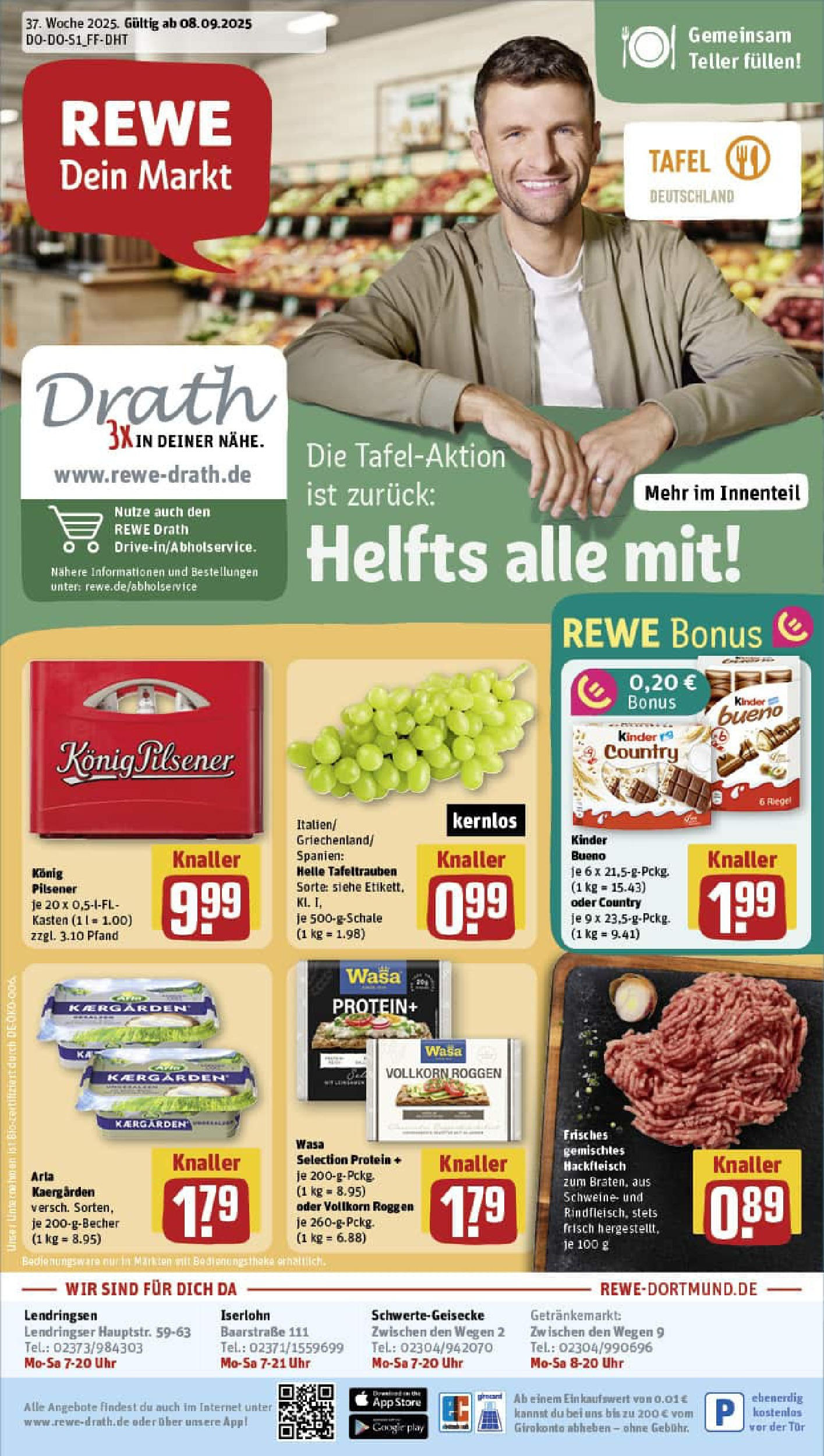REWE Prospekt ab 07.09.2025 zum Blättern » Angebote | Seite: 1 | Produkte: Konig pilsener, Kinder bueno, Uhr, Hackfleisch