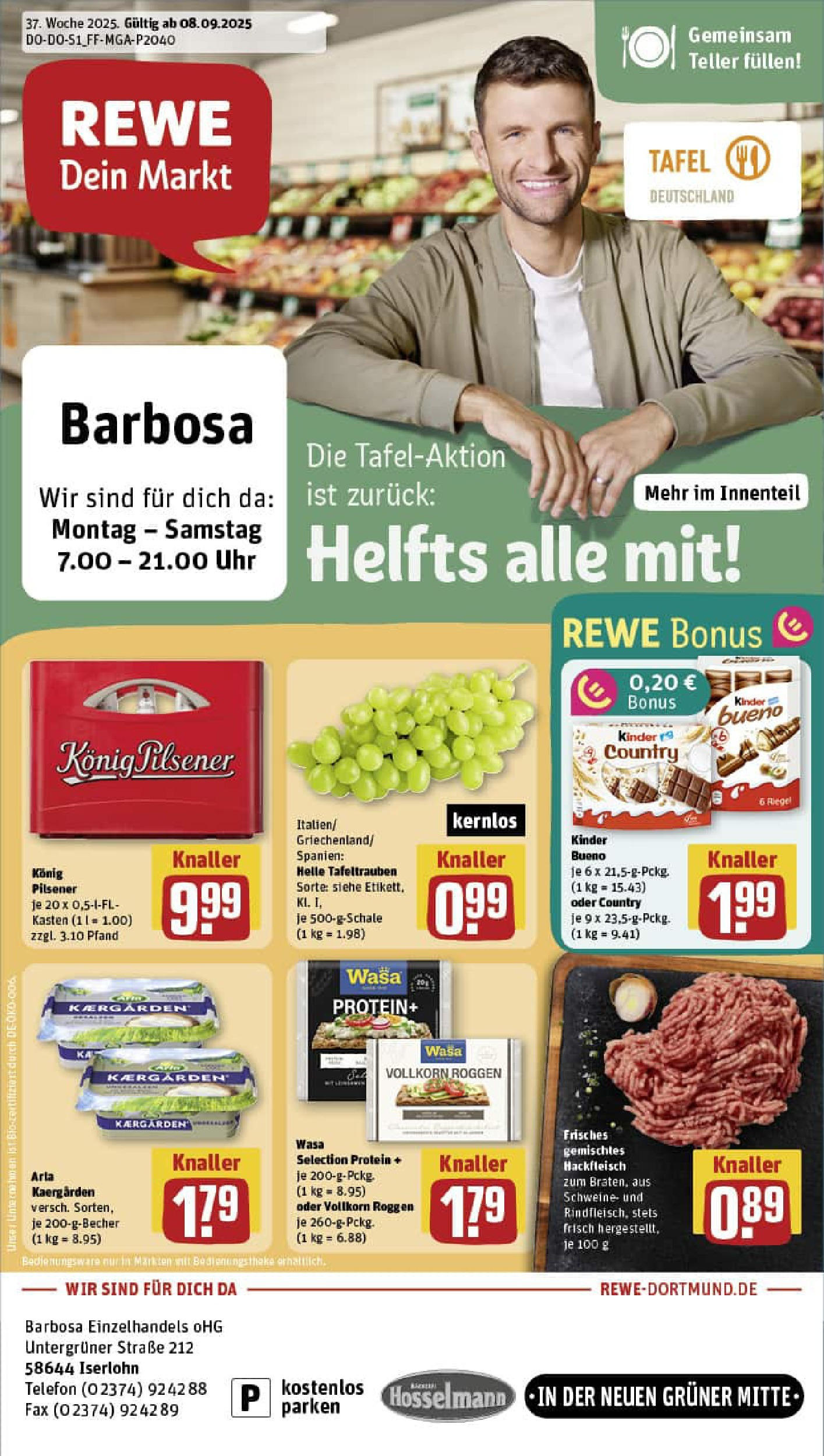 REWE Prospekt ab 07.09.2025 zum Blättern » Angebote | Seite: 1 | Produkte: Konig pilsener, Butter, Kinder bueno, Hackfleisch