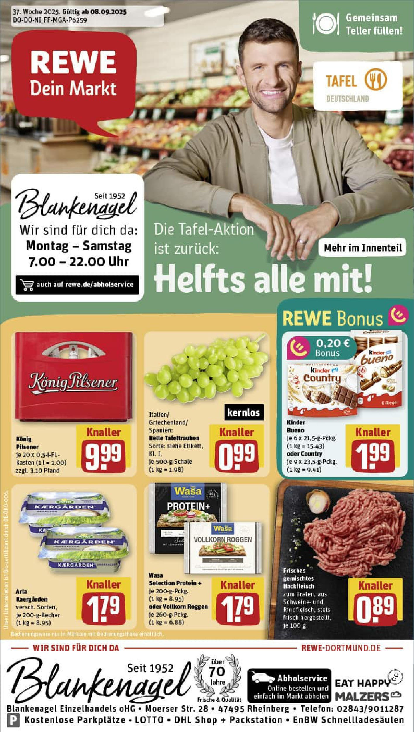 REWE Prospekt ab 07.09.2025 zum Blättern » Angebote | Seite: 1 | Produkte: Konig pilsener, Butter, Kinder bueno, Hackfleisch