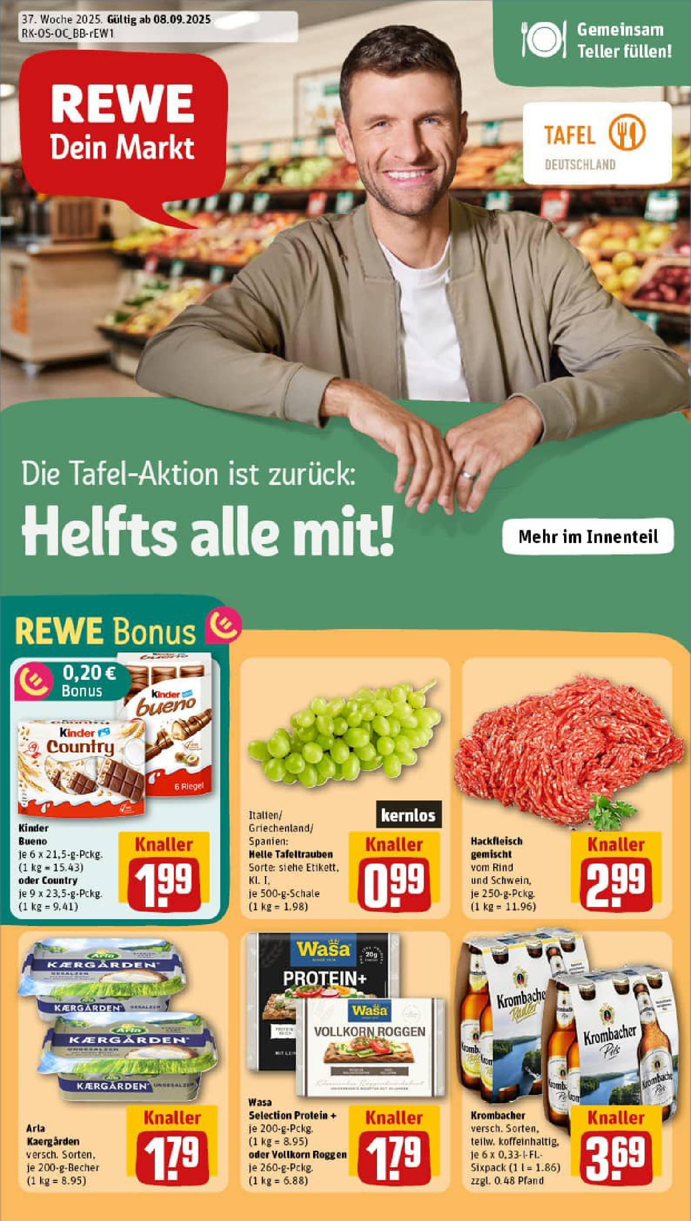 REWE Prospekt ab 07.09.2025 zum Blättern » Angebote | Seite: 3 | Produkte: Pils, Kinder bueno, Krombacher, Hackfleisch REWE Prospekt ab 07.09.2025 zum Blättern » Angebote | Seite: 3 | Produkte: Pils, Kinder bueno, Krombacher, Hackfleisch